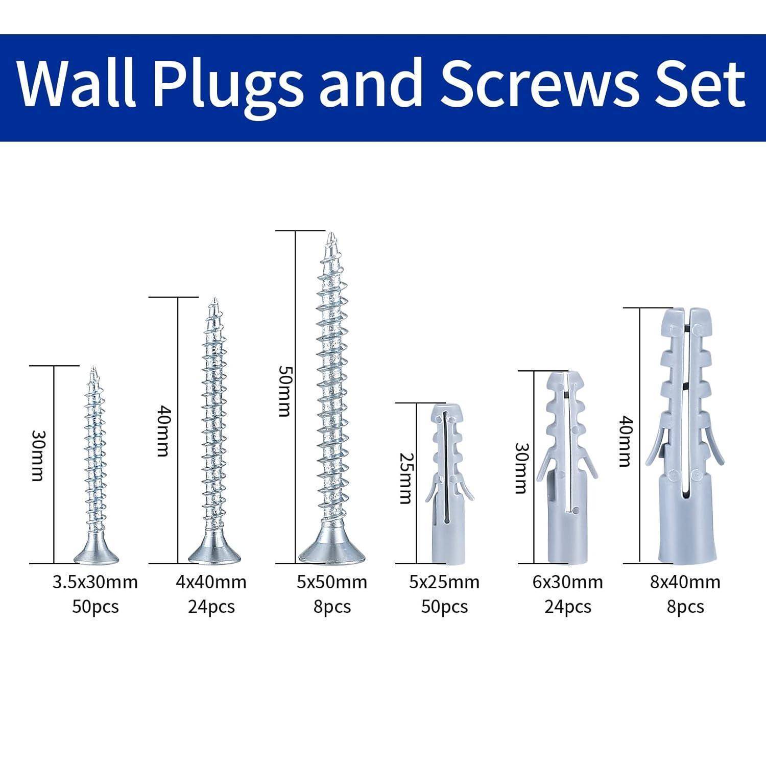 Wandstecker und Schraubensatz mit sechs Größen: 3,5x30mm, 4x40mm, 5x50mm Schrauben und 5x25mm, 6x30mm, 8x40mm Wandstecker mit Mengenangaben.