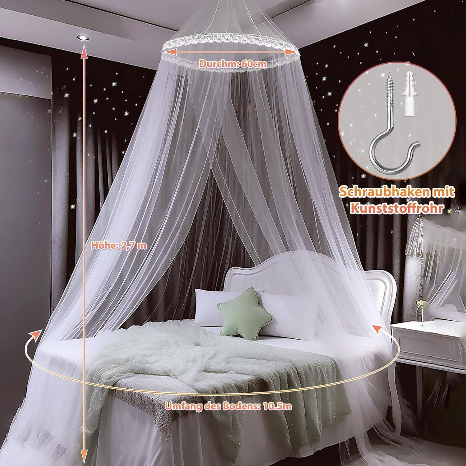 Weißes Betthimmel-Moskitonetz über einem Bett drapiert, beschriftet mit Abmessungen von 2,7 m Höhe, 60 cm oberer Durchmesser und 10,5 m Bodenumfang, plus eine Hook-Zubehör-Darstellung.