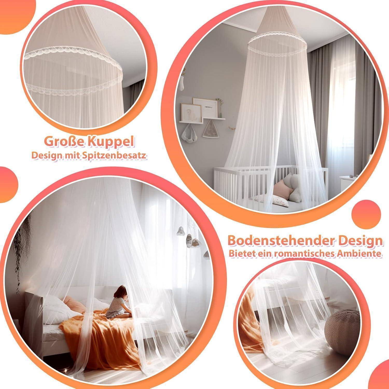 Werbekollage eines weißen Moskitonetzes über einem Bett mit deutschen Beschriftungen 