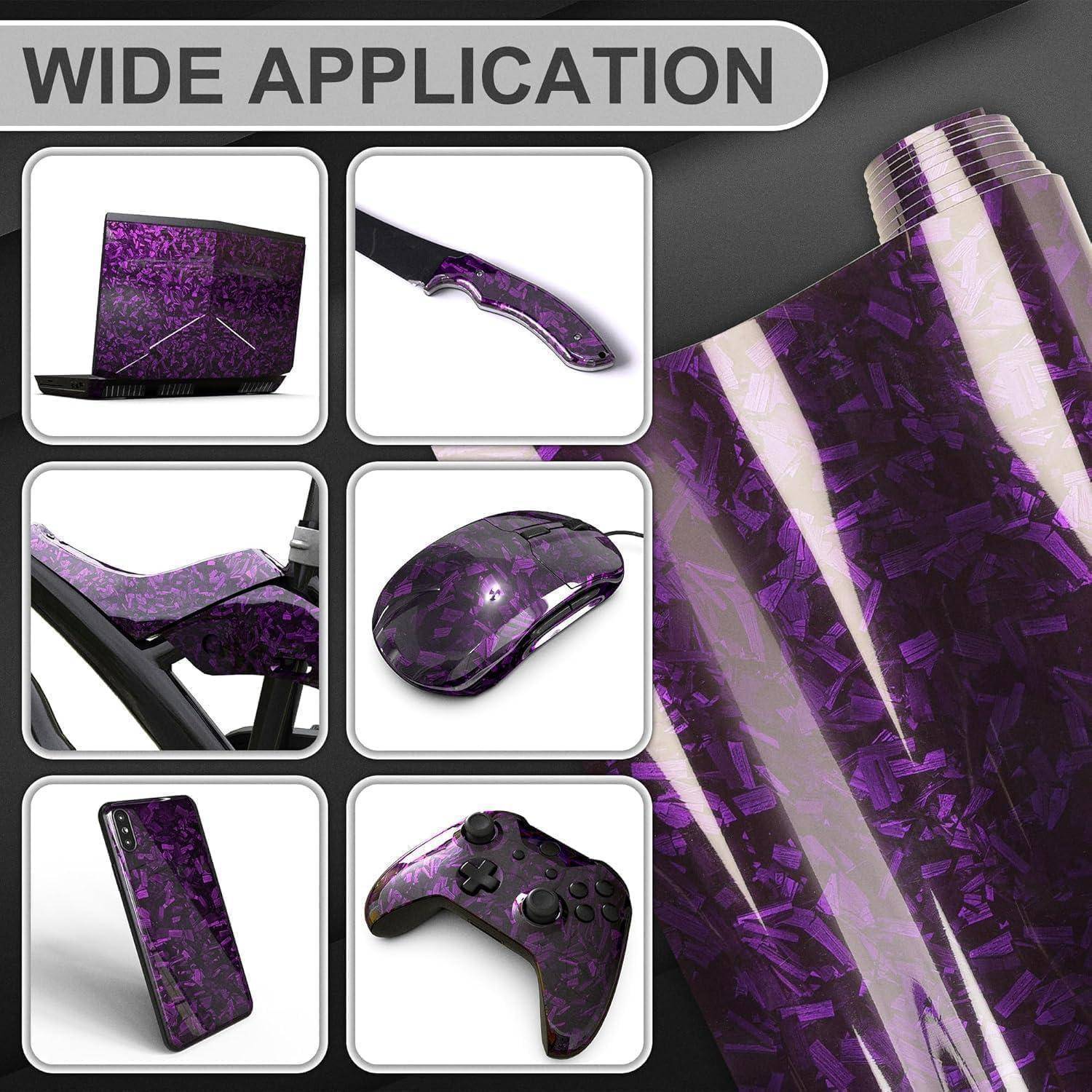 Violettes Kohlefaser-Stil-Vinyl-Wrap, angewendet auf Laptop, Messergriff, Fahrradrahmen, Maus, Telefon und Game-Controller unter dem Titel „BREITE ANWENDUNG