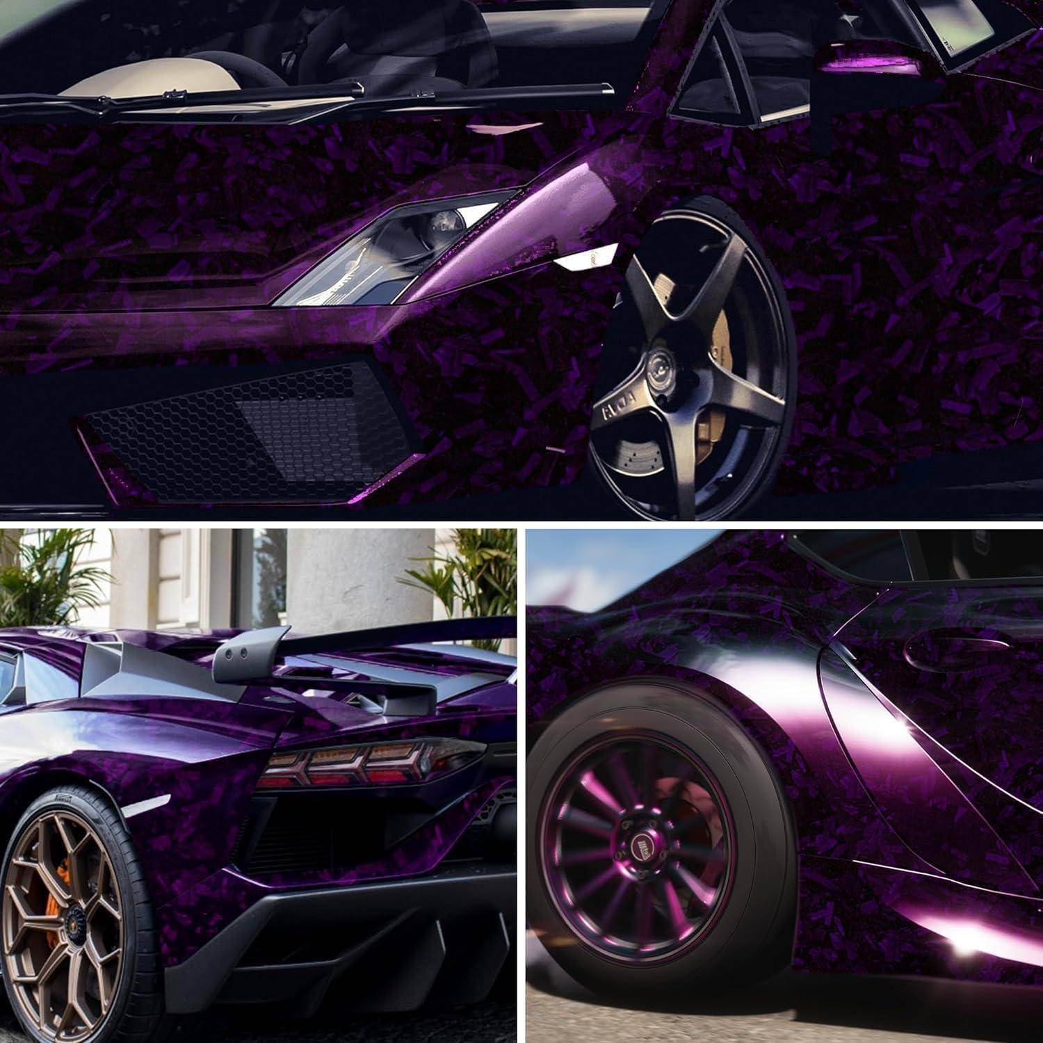 Collage eines violetten Tarnung-Lamborghini-Sportwagens, gezeigt von vorne, hinten und einer Nahaufnahme des Rades.