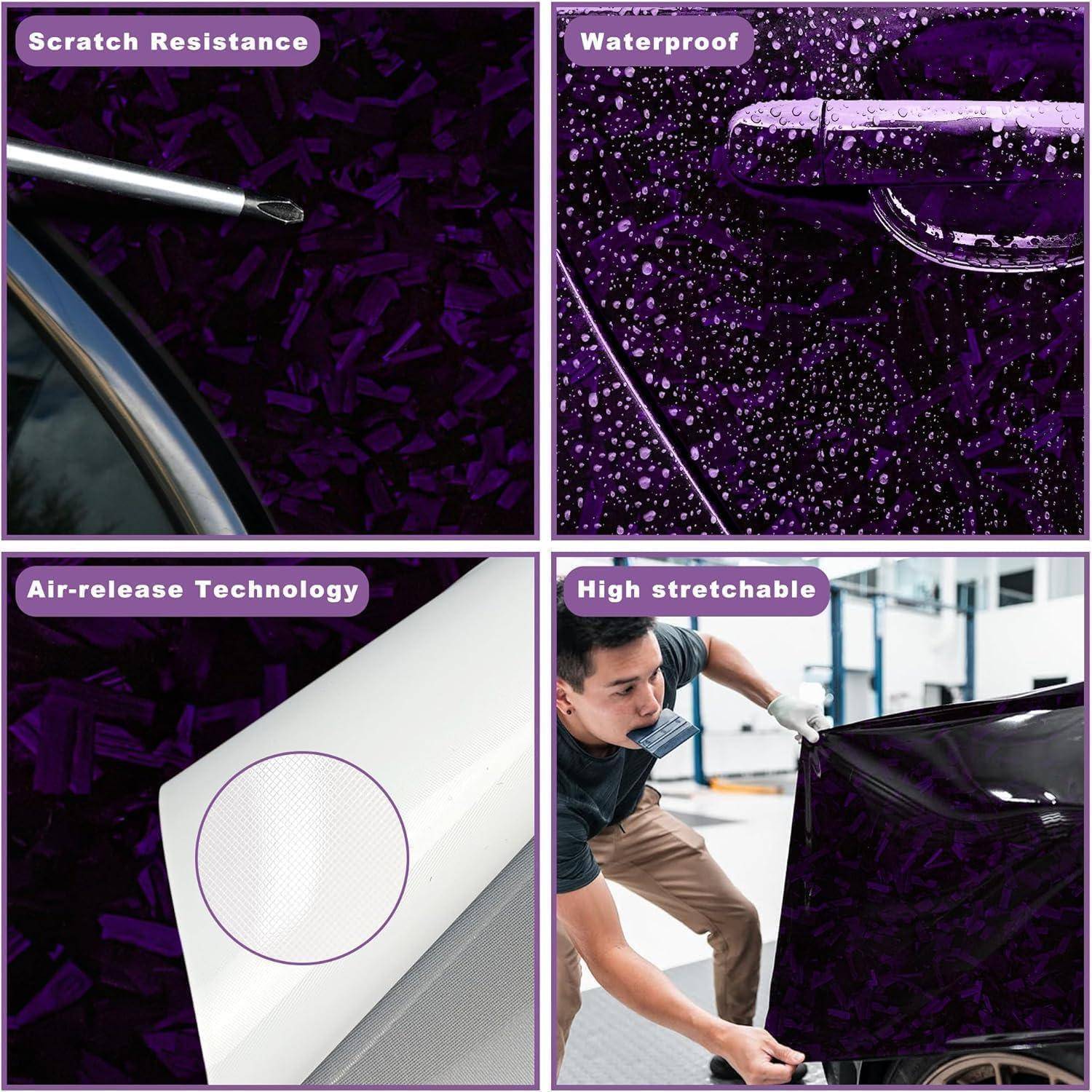 Vierpanel-Werbung für violette Autofolie, die Kratzerresistenz, wasserdichte Oberfläche, Luftablösungstechnologie und hohe Dehnbarkeit während der Installation zeigt.