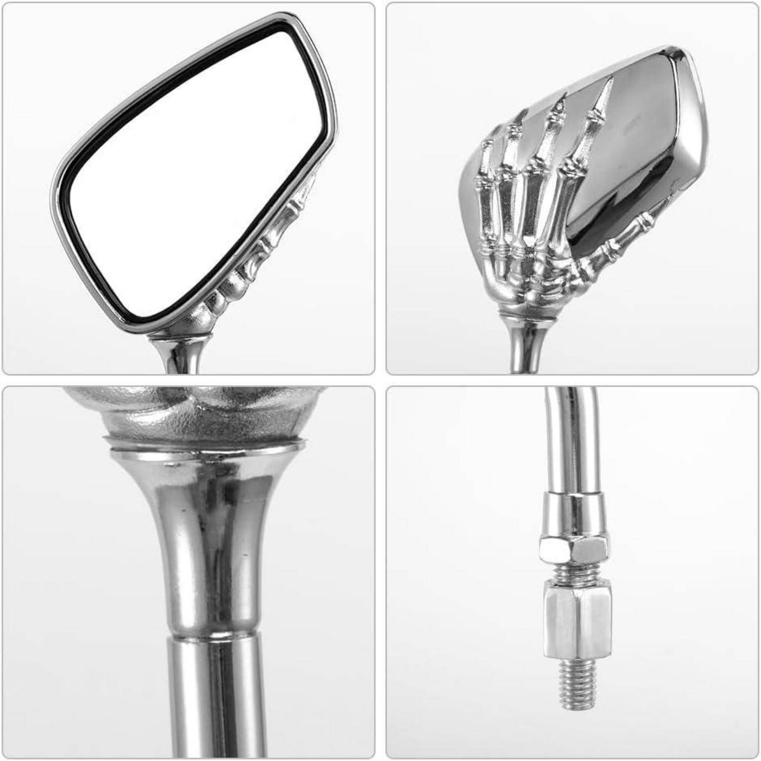 Vierteiliges Produktansicht eines verchromten Seitenspiegels mit Skeletthand-Design, zeigt Spiegelfläche, Handdetail, Schaft und Befestigungshardware.