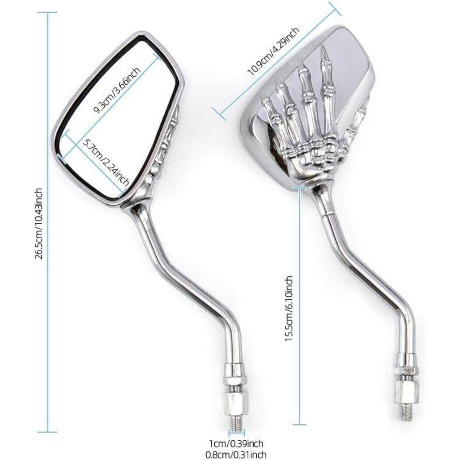 Dimensioniertes Bild von zwei Motorrad-Rückspiegeln, einer zeigt die Vorderseite und einer die Rückseite mit einem Skeletthand-Design, beschriftet mit Größenmessungen in Zentimetern und Zoll.