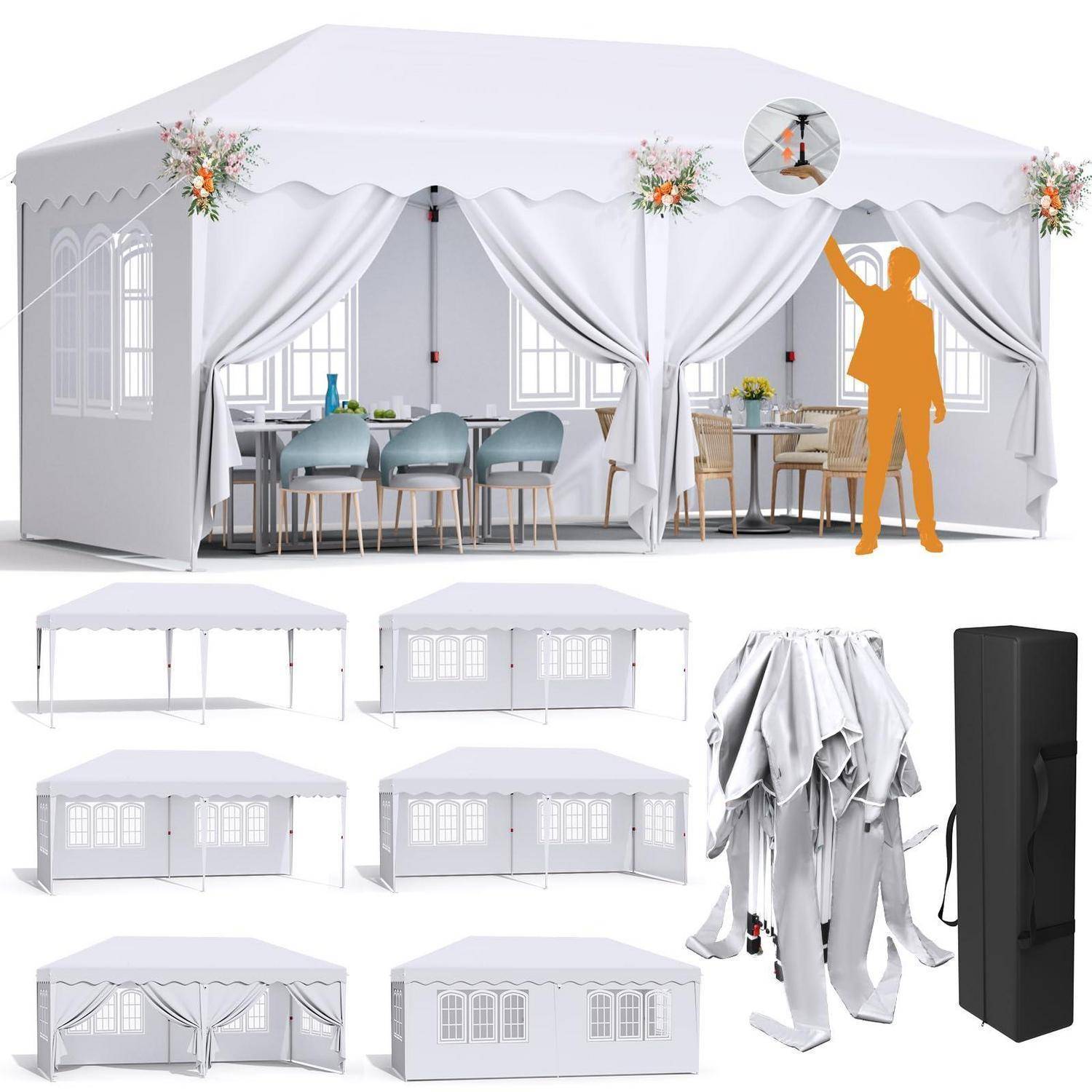 Modulares weißes Eventzelt mit drapiertem Eingang, Tischen und Stühlen im Inneren, mit eingefügten Ansichten von Montage, gefalteter Abdeckung und Aufbewahrungskoffer.