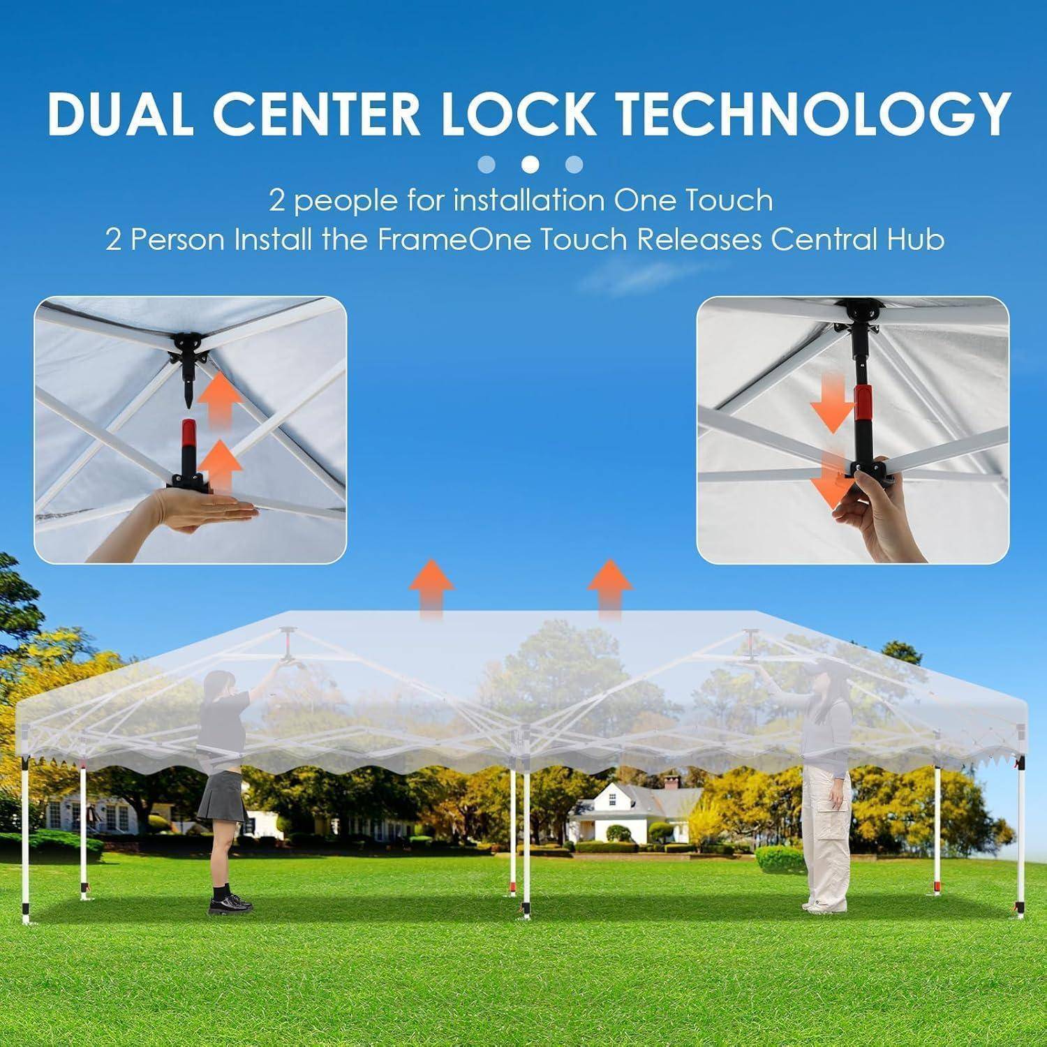 Werbegrafik für "Dual Center Lock Technology"" auf einem Baldachindach, zeigt zwei Personen bei der Installation und eine Mittelnarbe, die mit einer Berührung freigegeben wird.