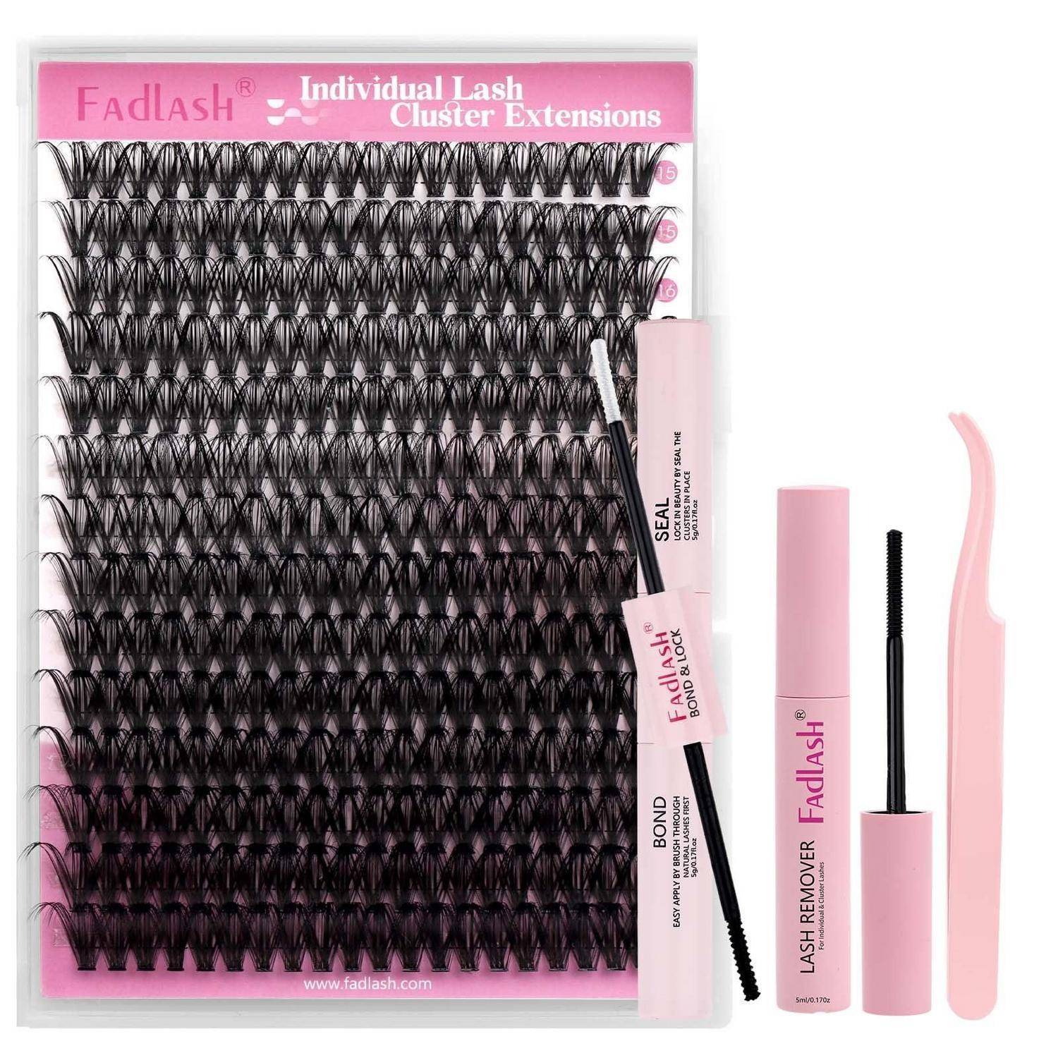 Pink Fadlash Einzelwimpern-Cluster-Erweiterungsset mit Wimpernschalen, Entferner, Applikatorpinsel und rosa Pinzette.