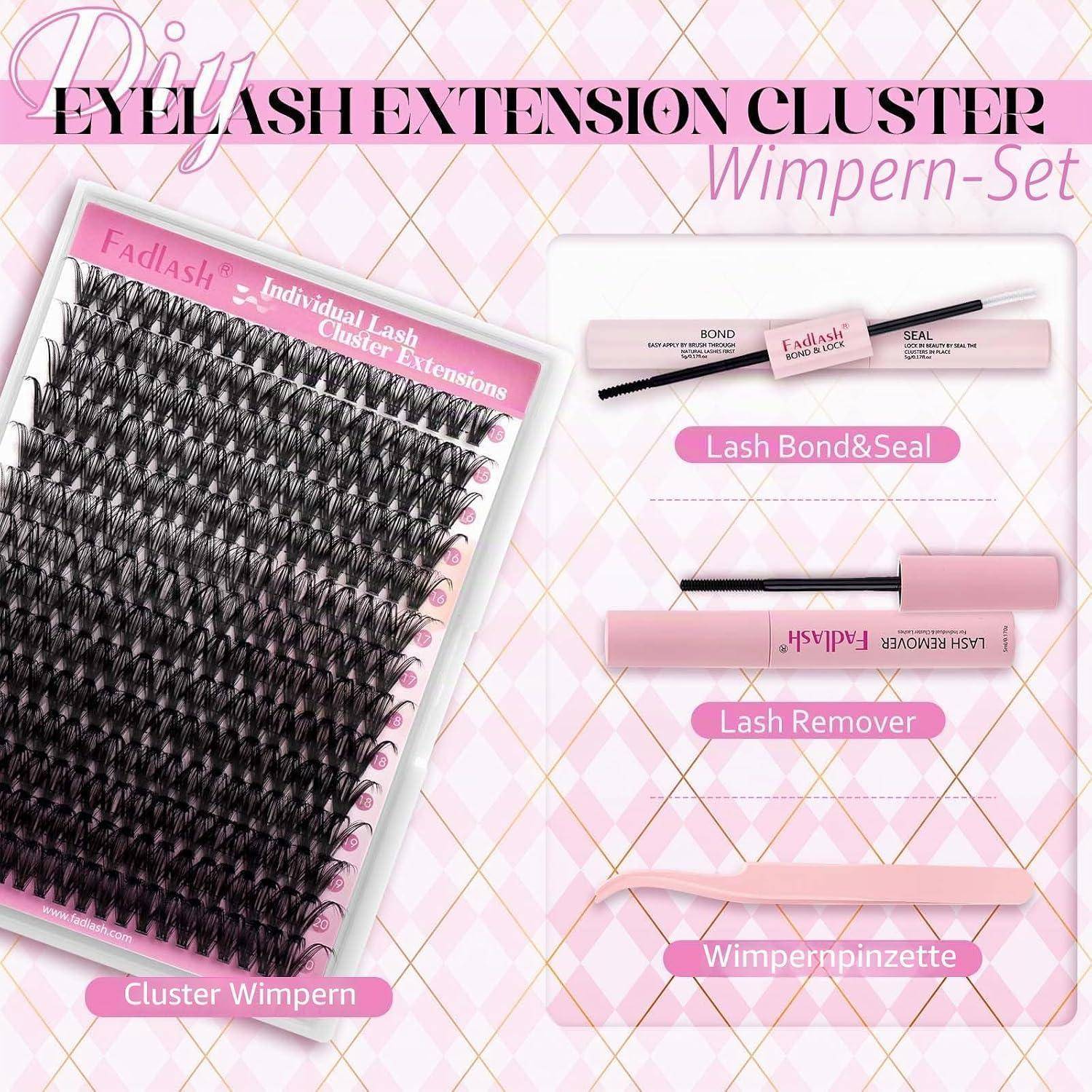 Grafikset für Wimpernverlängerungen in Rosa mit Büschel-Wimpern, Wimpernbond und Versiegelung, Wimpernentferner und Pinzette, beschriftet auf Englisch und Deutsch.