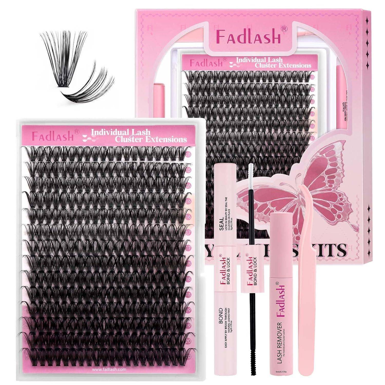 Pink Fadlash Wimpernverlängerungsset mit einzelnen Cluster-Wimpern, Kleber, Wimpernentferner, Applikator und Spoolie, gezeigt in der Verpackung.
