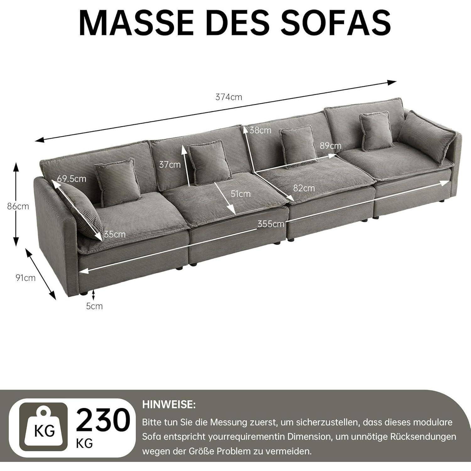 Dimensioniertes Bild eines modularen grauen Sofas mit der Bezeichnung 'SOFAMASSE', das die Gesamtlänge von 374 cm und weitere Messungen zeigt; eine Notiz besagt, dass das maximale Gewicht 230 kg beträgt.