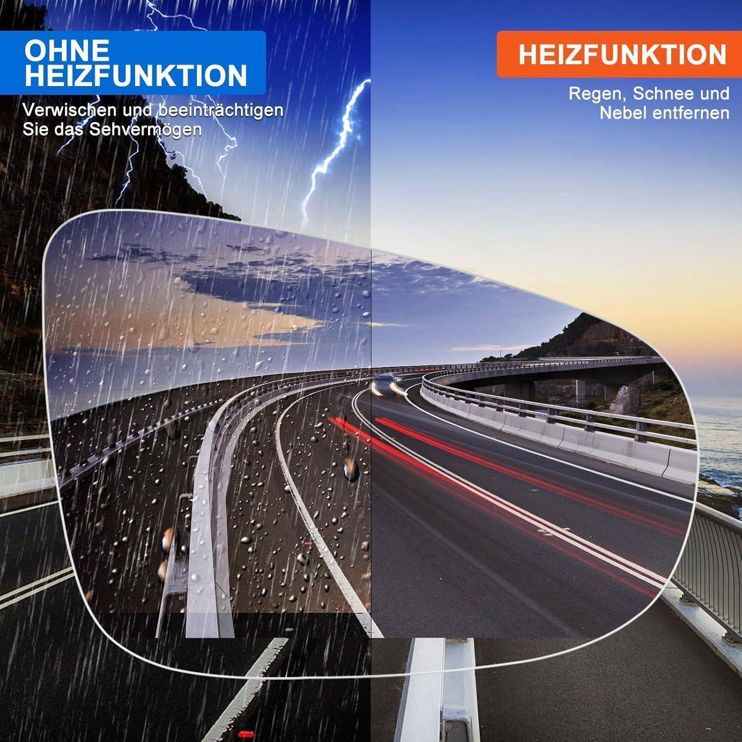 Geteiltes Bild, das eine Autowindschutzscheibe ohne Heizung vergleicht, die durch Regen und Blitze verdeckt ist, gegenüber einer beheizten Windschutzscheibe mit klarer Straßensicht, die Regen, Schnee und Nebel entfernt.