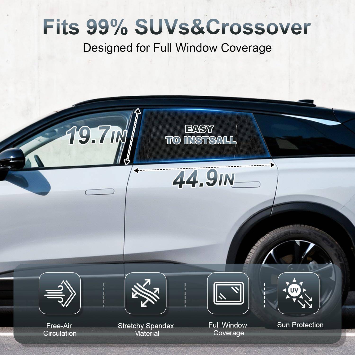 Werbebild einer Autofensterblende für SUVs und Crossovers mit einer Größe von 19,7 Zoll mal 44,9 Zoll, „Einfache Installation