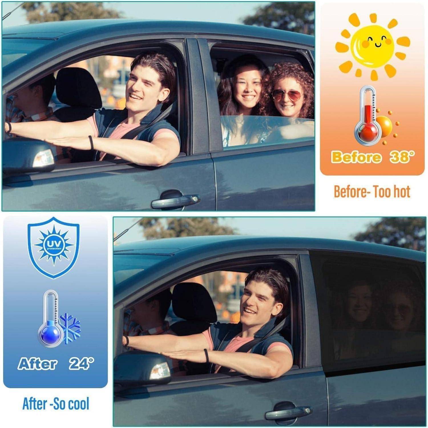 Vergleich der Autofenstertonung: Vorher, sonniger Autoinnenraum ist mit 38° zu heiß, nachher bleibt der Innenraum mit 24° kühl und dunkel unter UV-Schutz.