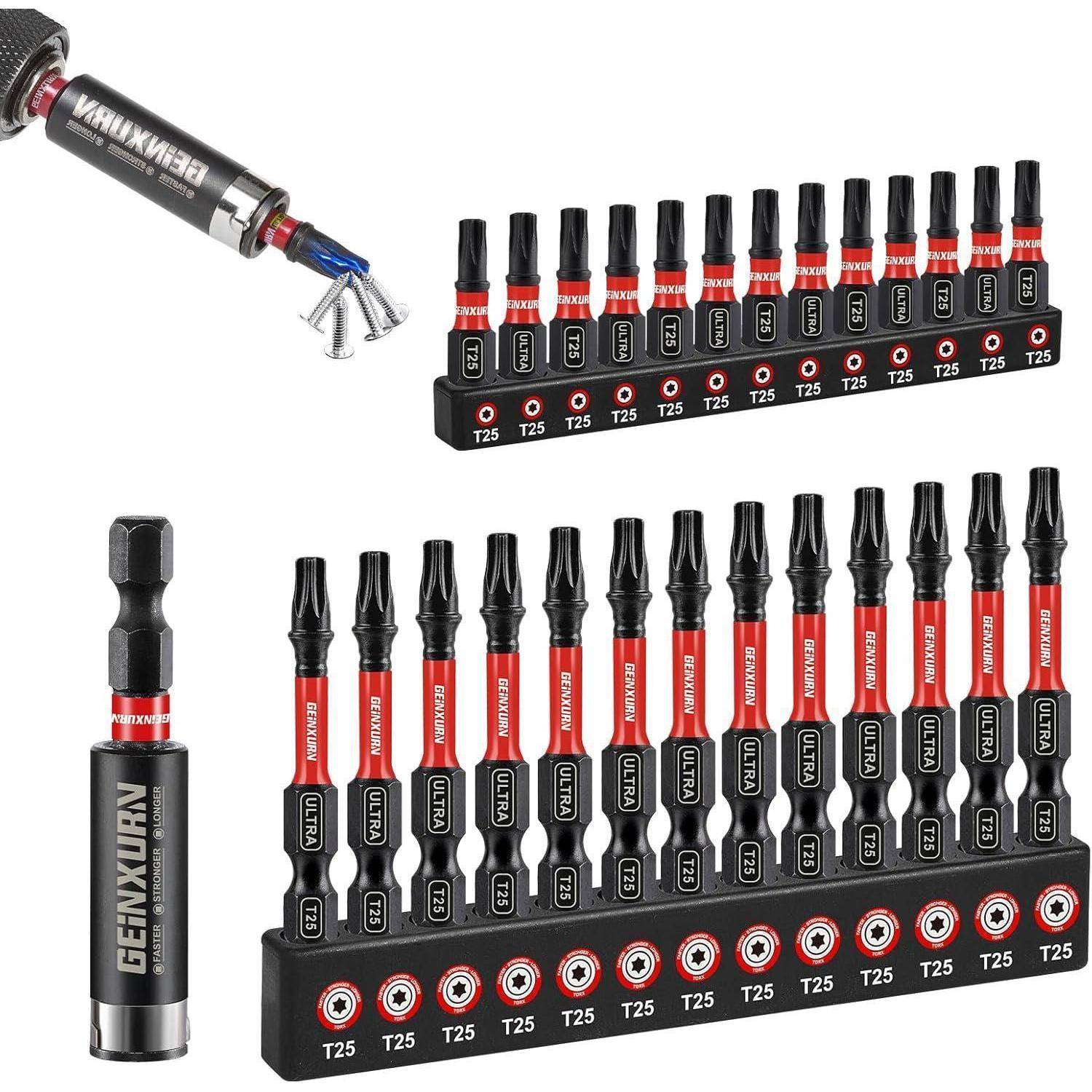Satz mit Milwaukee und Genkent magnetischen Torx-Schraubendreherbits und Haltern, gezeigt in organisierten Racks mit assotierten T25-Bits.