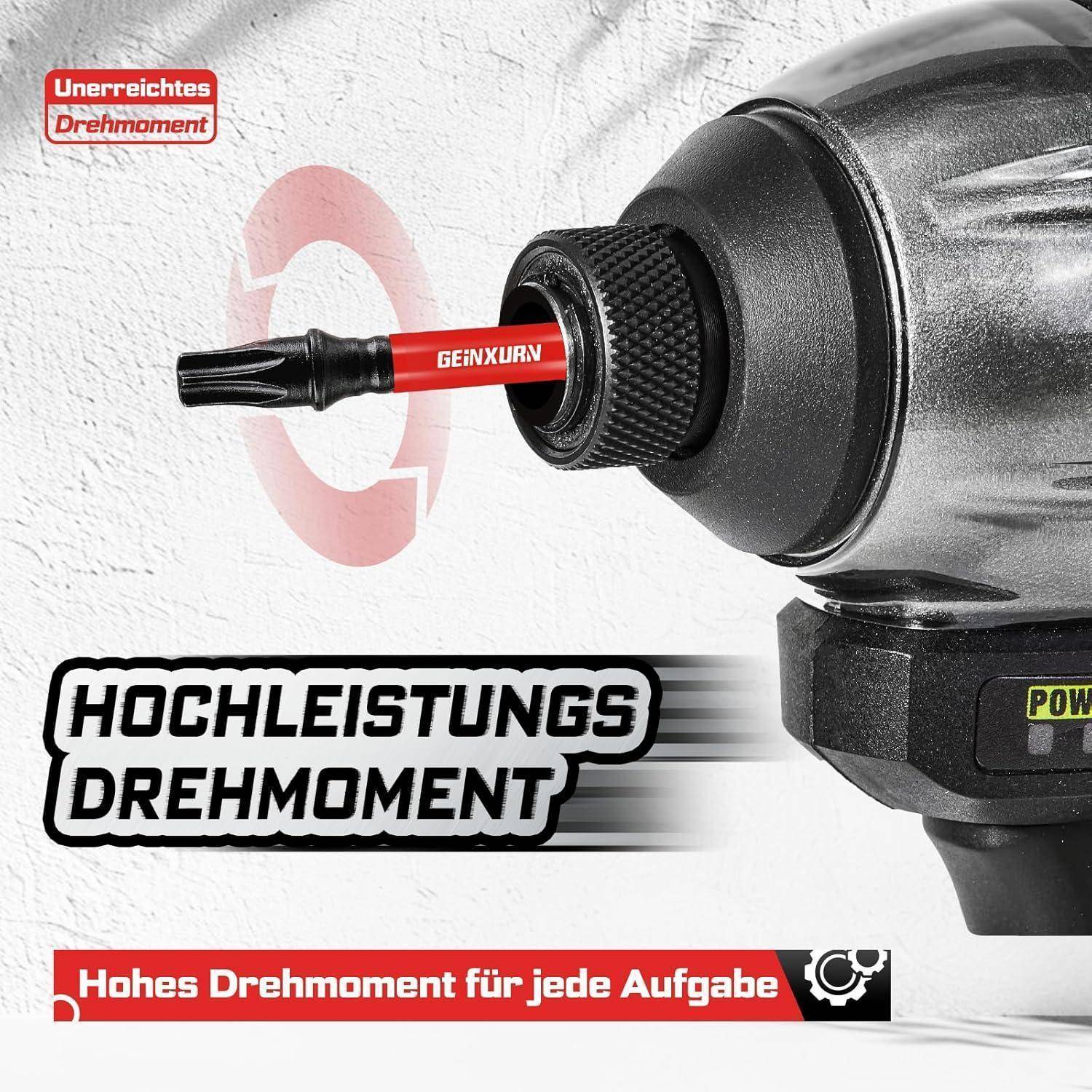 Nahaufnahme eines Elektro-Schlagschraubers mit einem roten Aufsatz, mit deutscher Werbung für 