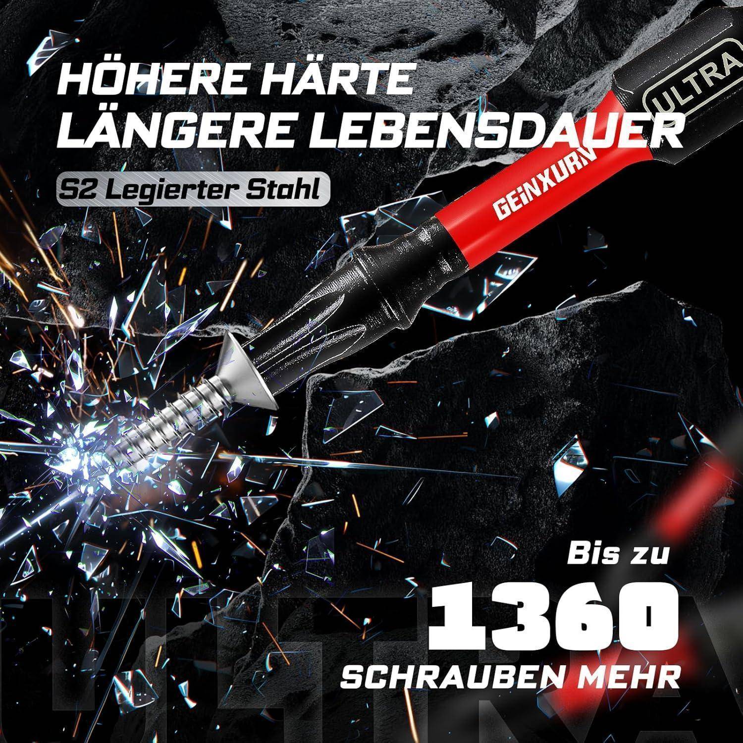 Werbebild eines rot-schwarzen GEINXURM-Bohrers beim Schneiden von Metall, mit Text, der behauptet: „HÖHERE HÄRTE LÄNGERE LEBENSDAUER