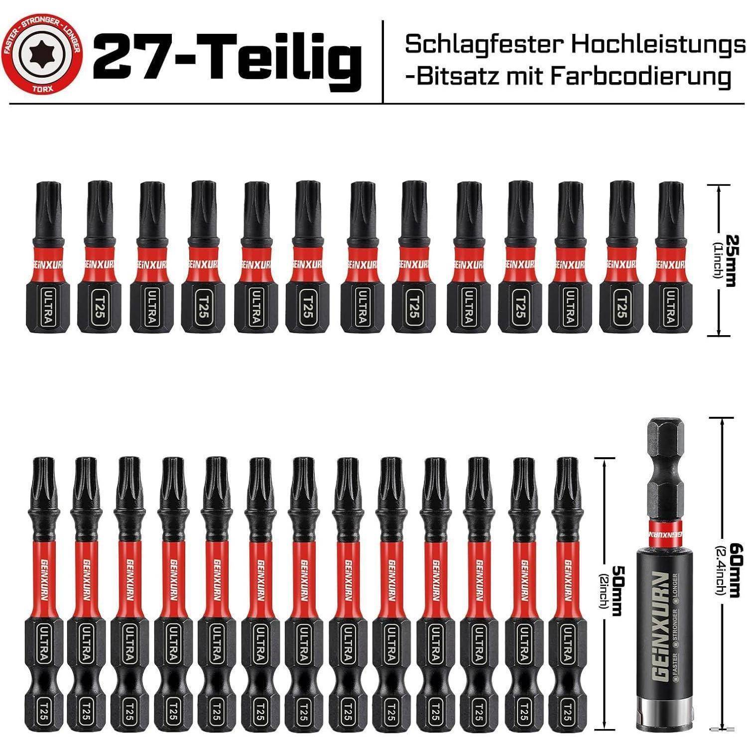 27-teiliges Screwfix-Schraubendreher-Bit-Set mit Farbcodierung, das mehrere Bit-Typen und -Größen in beschrifteten Haltern zeigt, einschließlich eines größeren Bit-Halters.