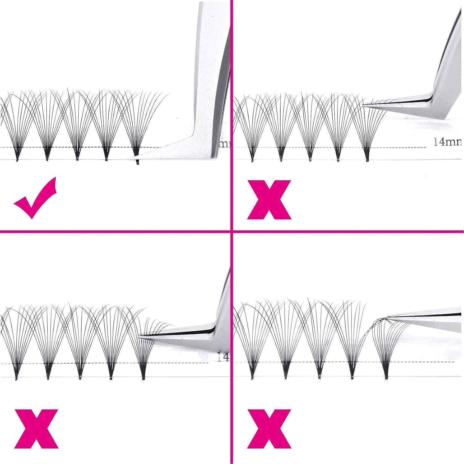 Vierfeldiges Wimpernverlängerungs-Diagramm mit korrekter Platzierung auf einem Feld und drei fehlerhaften Platzierungen, die mit Xs gekennzeichnet sind und die ordnungsgemäße Isolierung und den richtigen Winkel veranschaulichen.