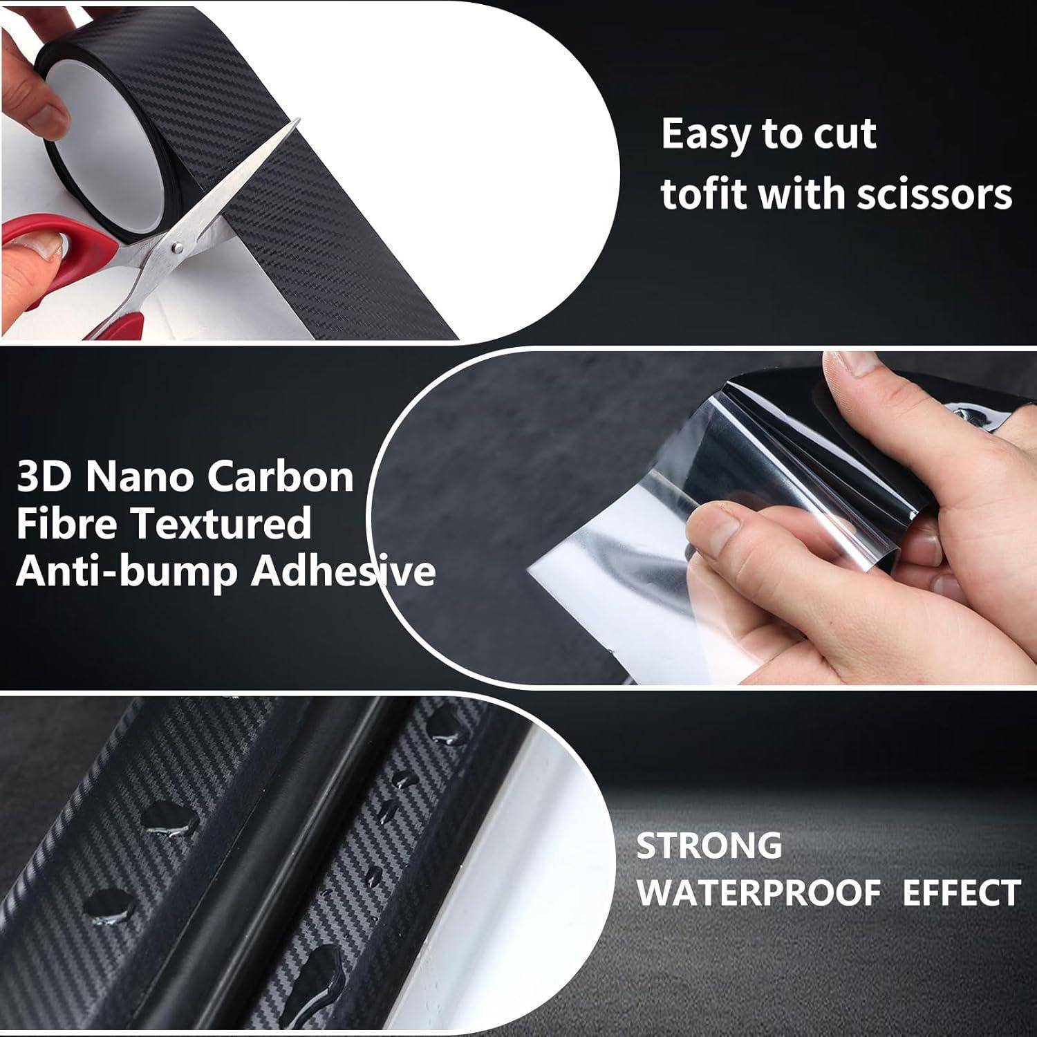 Werbegrafik für 3D-Nano-Kohlefaser-Struktur-Anti-Stoß-Klebstoff, die zeigt, dass er leicht mit einer Schere zu schneiden ist, sich abziehen und anbringen lässt und eine starke wasserfeste Wirkung hat.