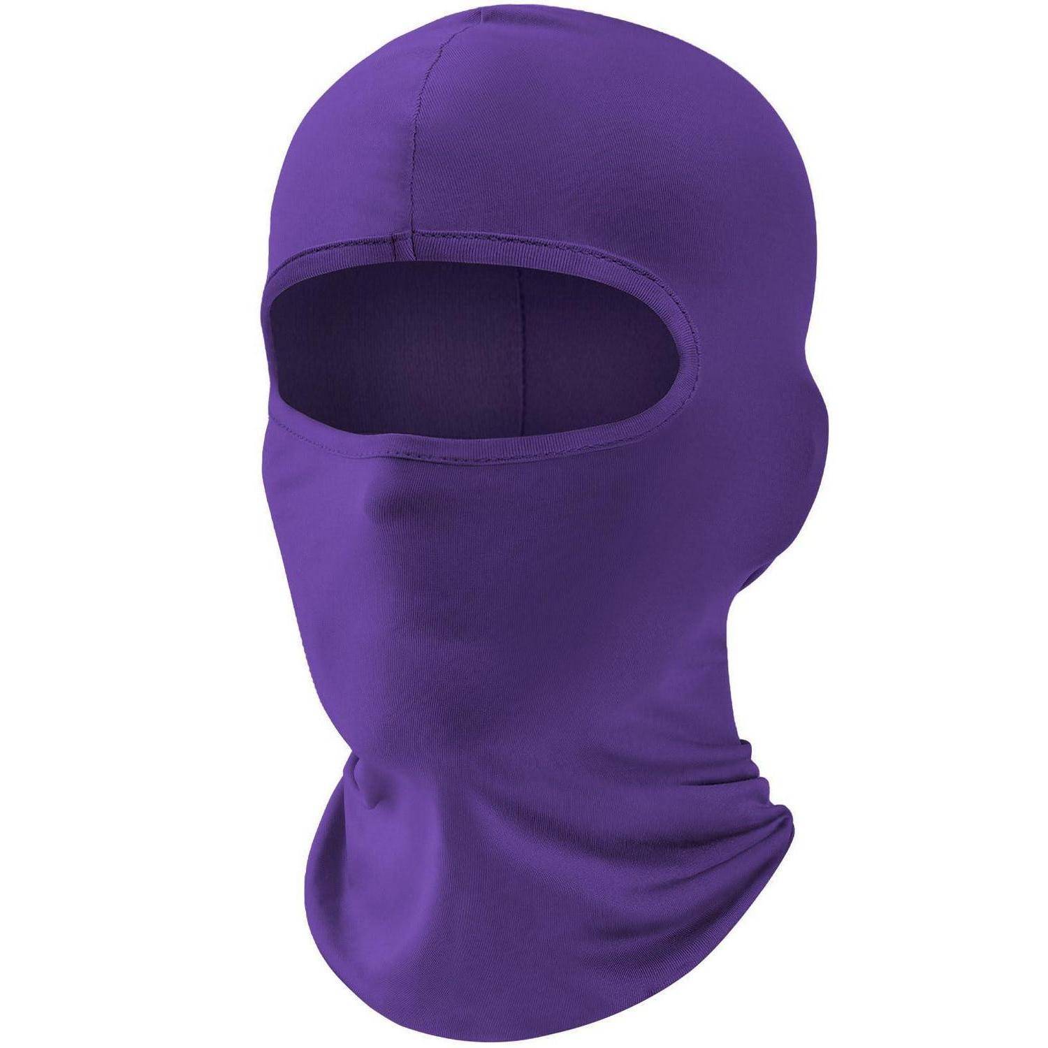 Violette Sturmhaube mit Gesichtsmaske, die Kopf und Nacken bedeckt, mit Öffnung für die Augen und Gesichtsöffnung.