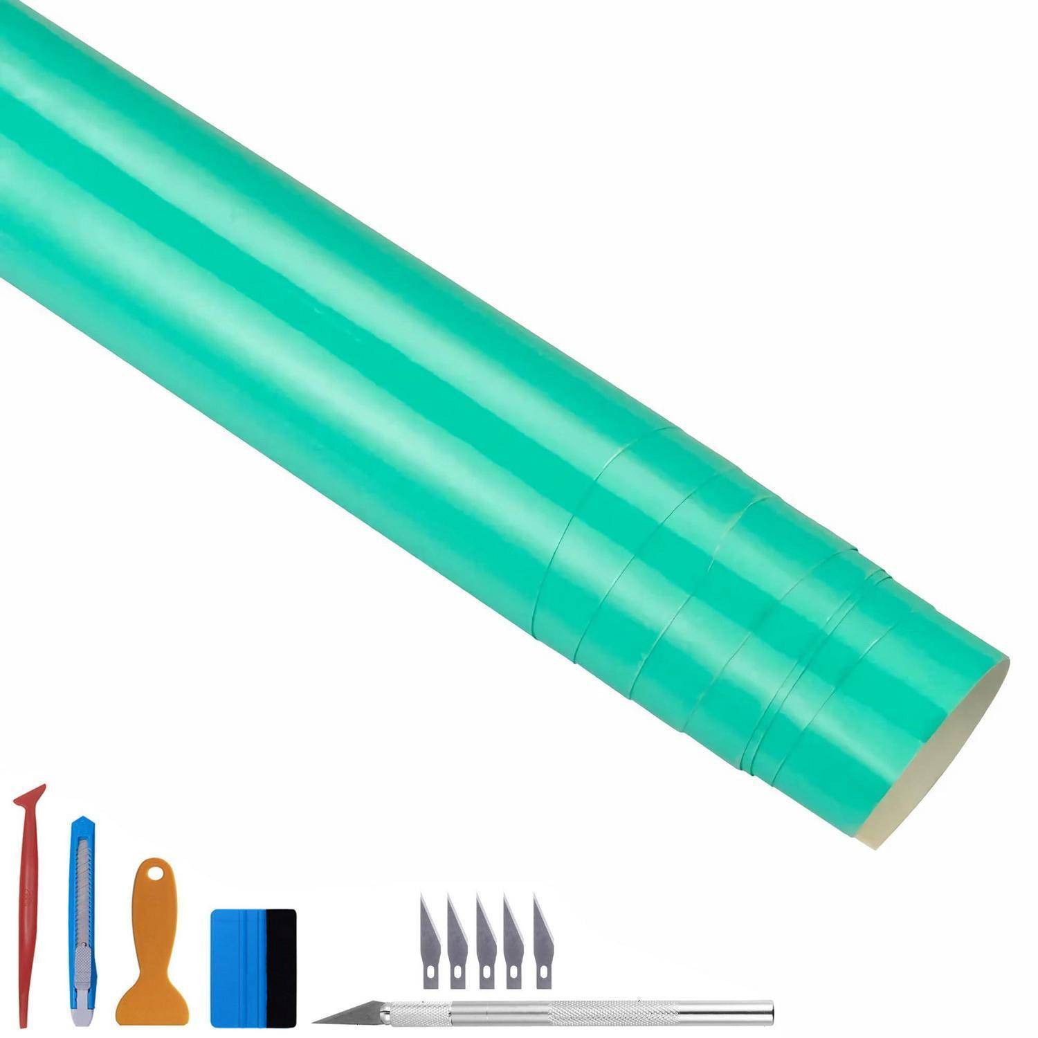 Türkisfarbene Rolle Klebefolie mit Handwerksmesser, Spachtel, Rakelgummi und fünf Ersatzklingen wie unten abgebildet.