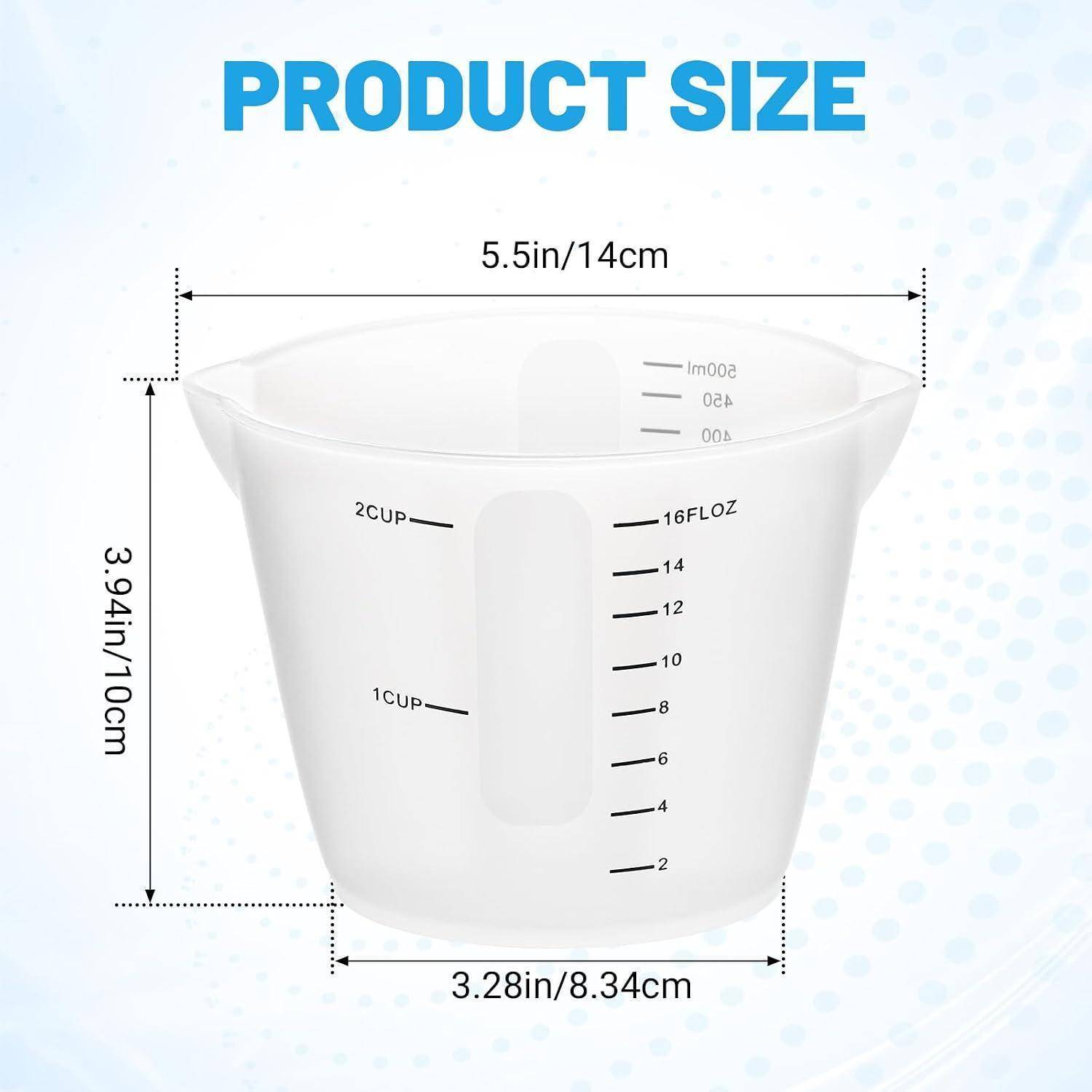 Produktgrößen-Diagramm einer Messbechern: 5,5 Zoll breit, 3,94 Zoll hoch, 3,28 Zoll Basisdurchmesser, mit Becher- und Unzen-Markierungen.