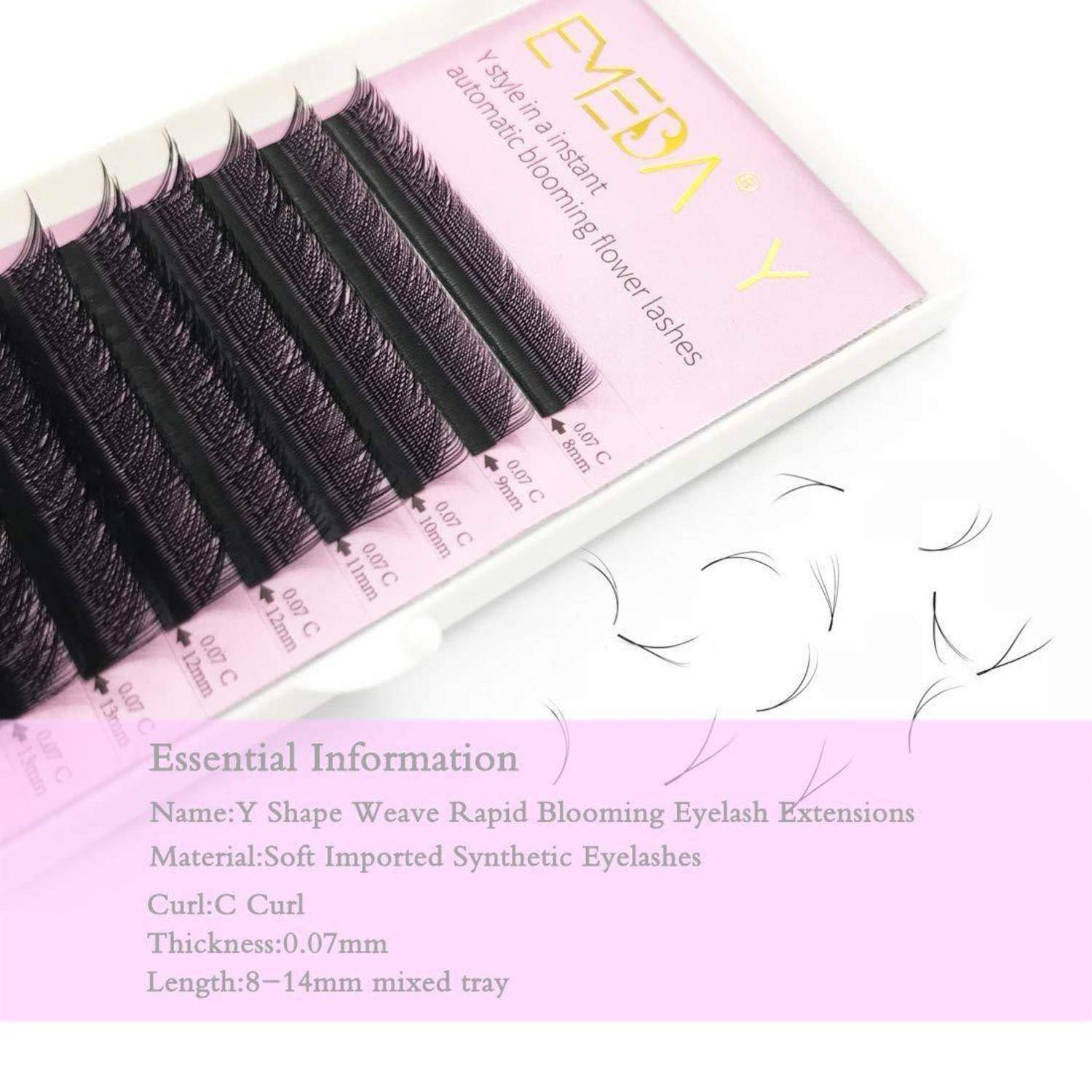 Rosa Tablett mit schwarzen Wimpernverlängerungen mit Produktdetails: Y-Stil, C-Kurve, 0,07 mm Dicke, 8-14 mm gemischte Längen.