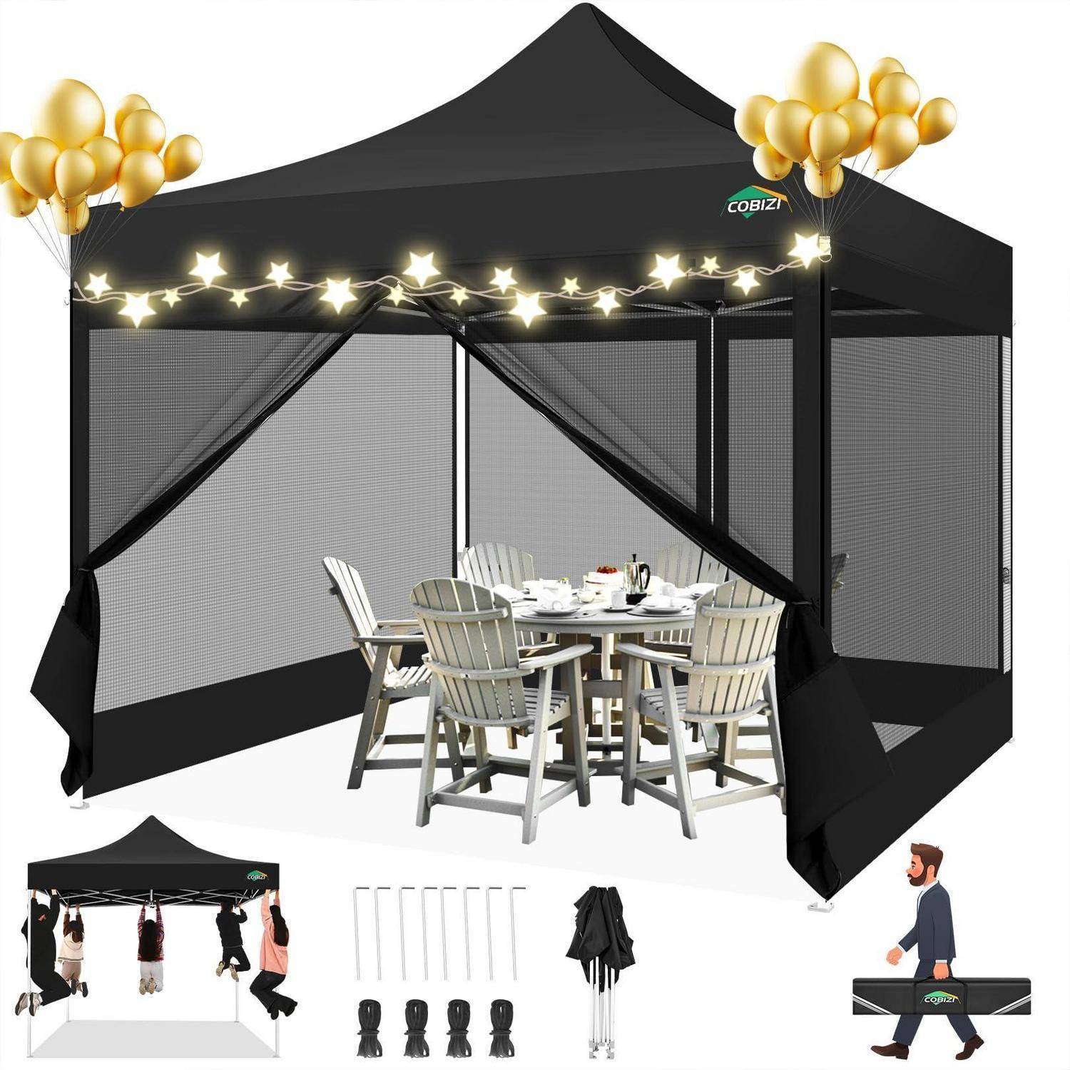Schwarzes Pop-Up-Pavillon-Zelt mit Mesh-Seitenwänden, Lichterketten, Luftballons, Tisch und Stühlen; Detailbilder zeigen Hängenbefestigungen, zusammengefaltete Abdeckung und Tragetasche.
