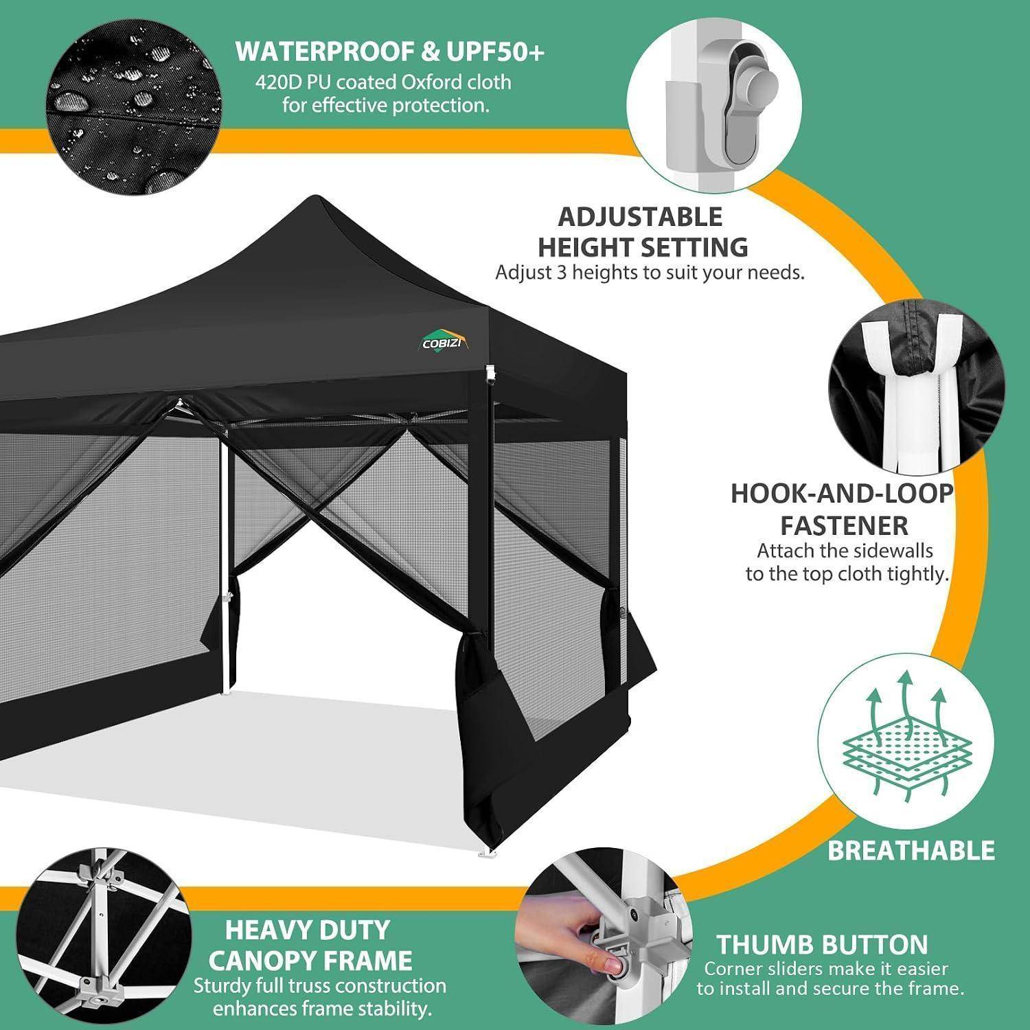 Werbedarstellung eines Pop-up-Pavillon-Zelts mit wasserdichtem UPF50+-Stoff, verstellbarer Höhe, Klettverschluss, atmungsaktiven Seitenwänden und stabilen Rahmenfunktionen.