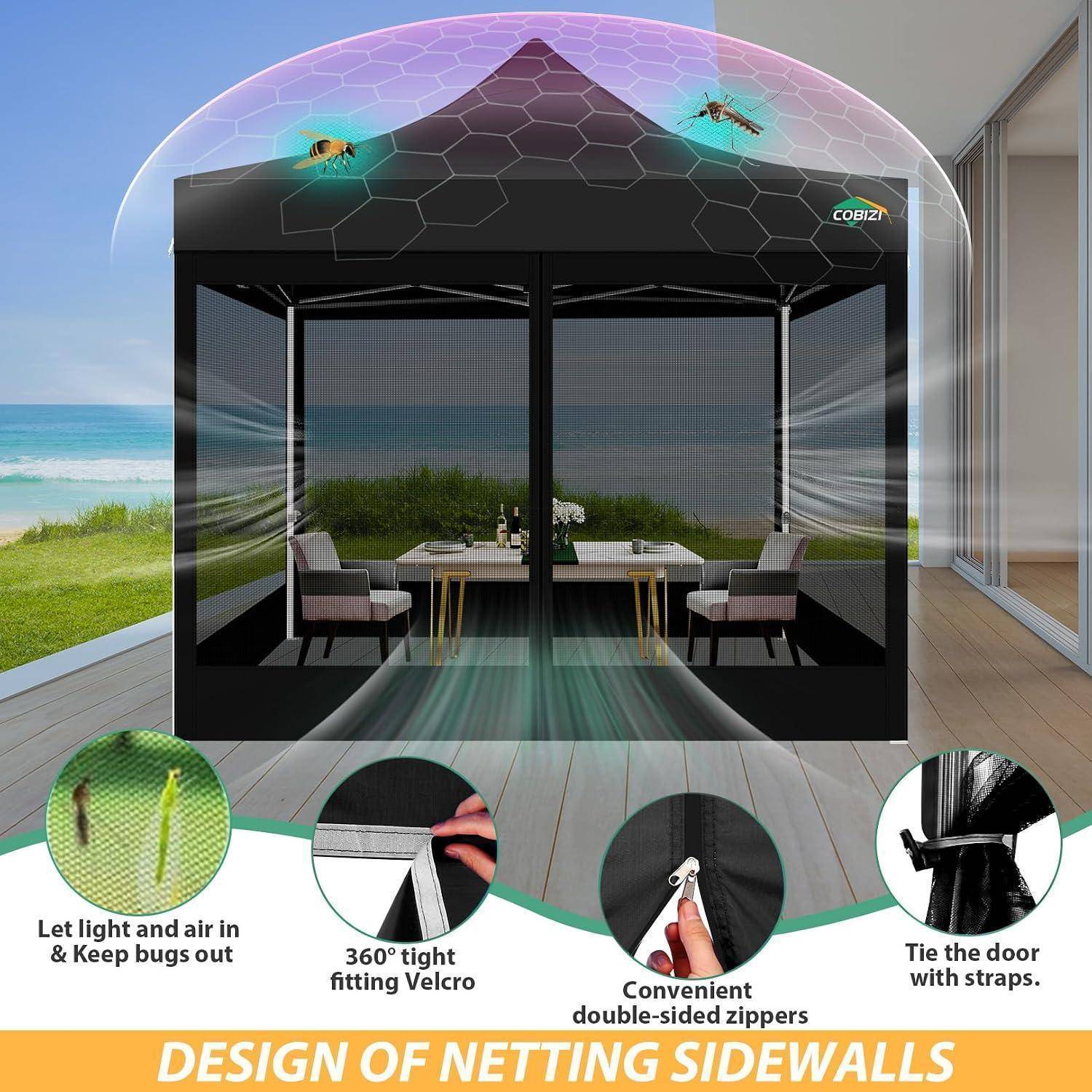 Illustration eines geschirmten Außenpavillon mit Insektenschutznetz; Beschriftungen heben hervor, dass Licht und Luft hereingelassen werden, Insekten draußen bleiben, 360°-Klettverschluss, doppelseitige Reißverschlüsse und Riemen zum Verschließen der Tür.