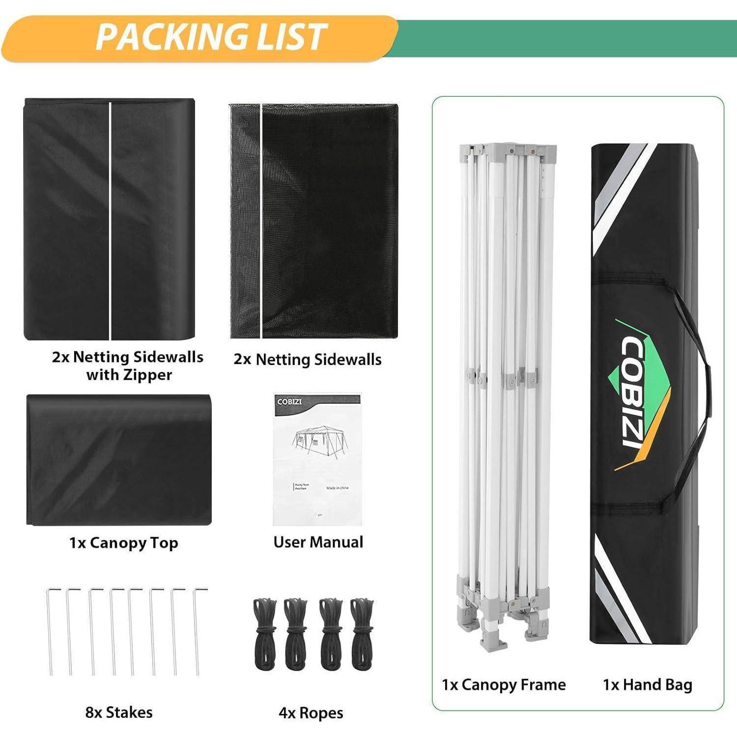 Packliste für ein Pavillon-Zelt: 2 Netzwandseiten mit Reißverschluss, 2 Netzwandseiten, Pavillondach, Benutzerhandbuch, 8 Heringe, 4 Seile, Pavillongestell und Tasche.