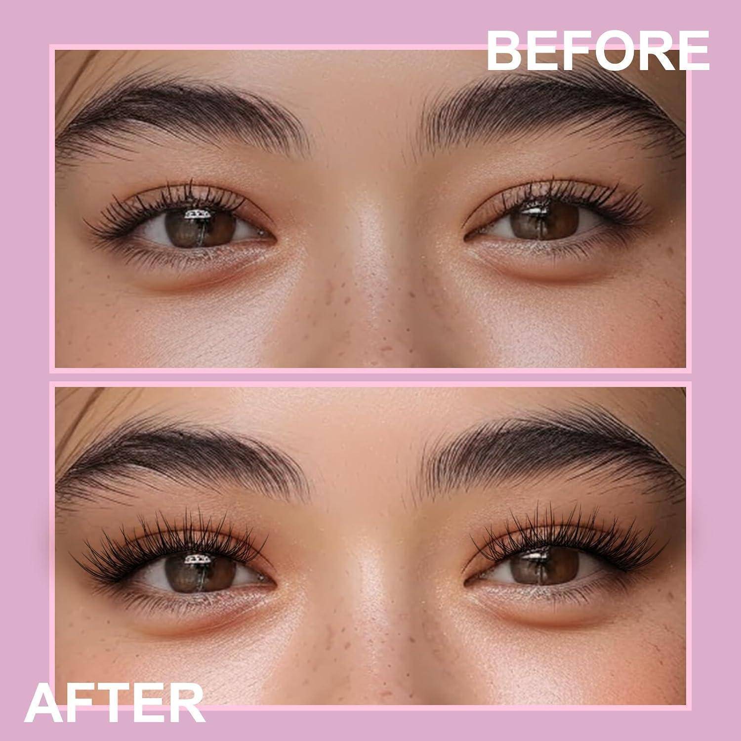 Vorher-und-Nachher-Nahaufnahme der Augen und Augenbrauen einer Person, die längere, vollere Wimpern im Nachher-Bild zeigt.