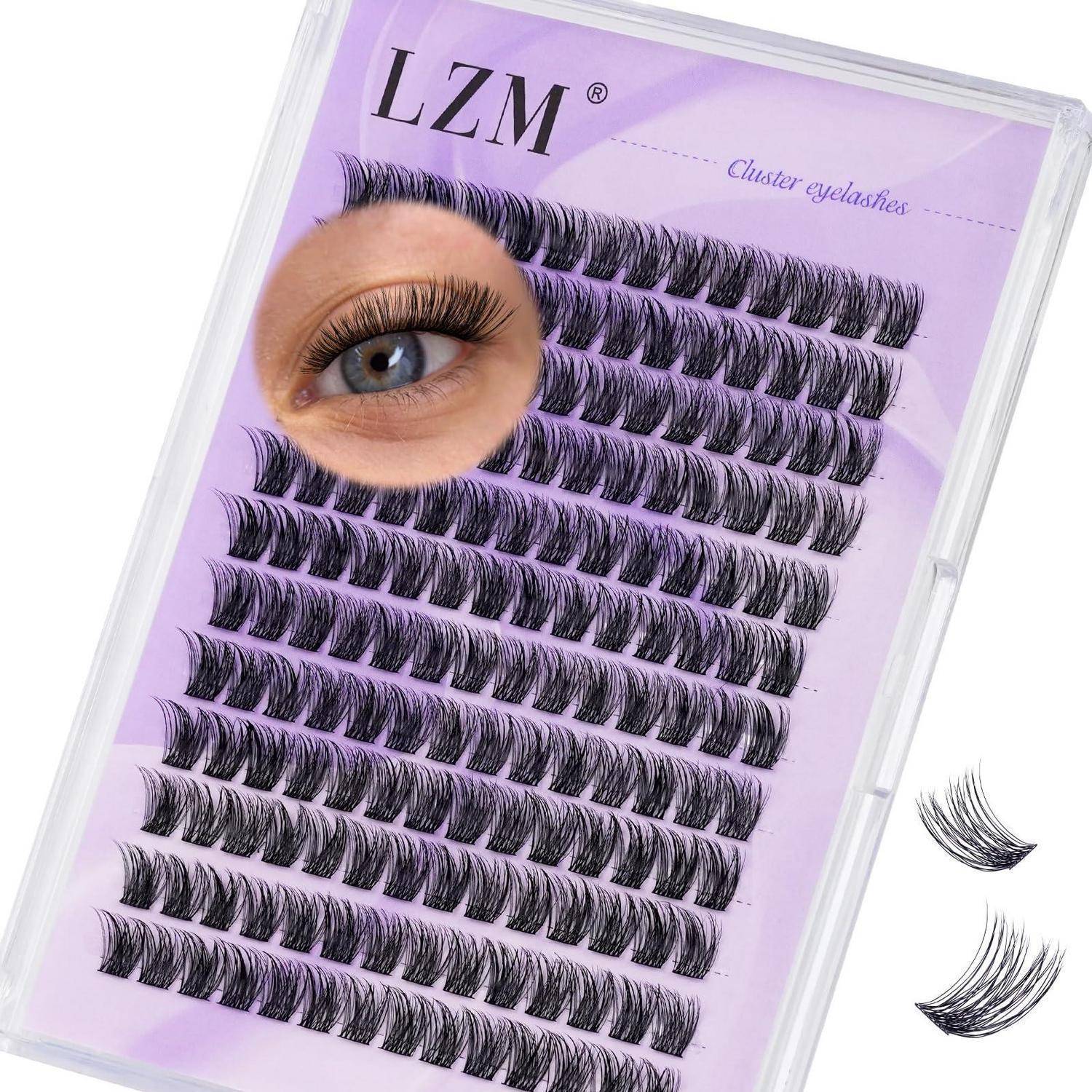 Paket von LZM-Cluster-Wimpern mit mehreren falschen Wimpernstreifen und ein Beispielauge, das sie trägt.