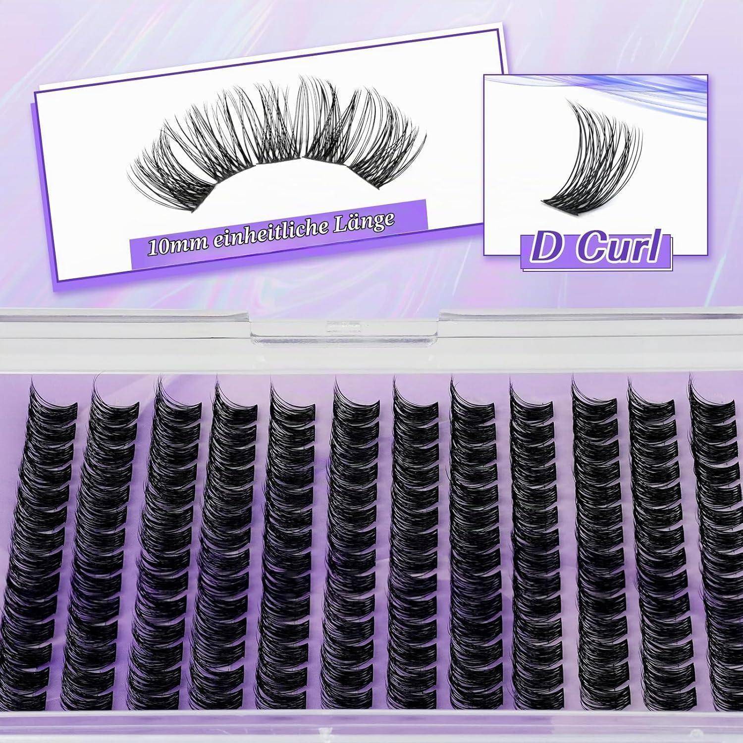 Werbebild von schwarzen künstlichen Wimpernverlängerungen mit D-Curl, gekennzeichnet mit „10mm einheitliche Länge