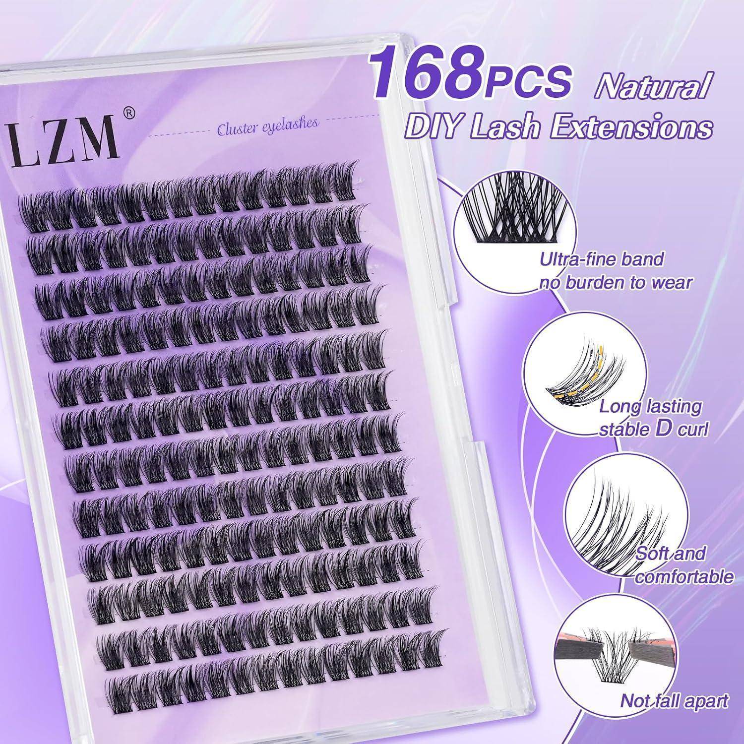 Packung mit 168 Stück natürliche DIY-Wimpernverlängerungen, zeigt mehrere falsche Wimpernbüschel und Beschriftungen für ultrafeines Band, langanhaltende D-Curls, weiches Tragegefühl und kein Auseinanderfallen.