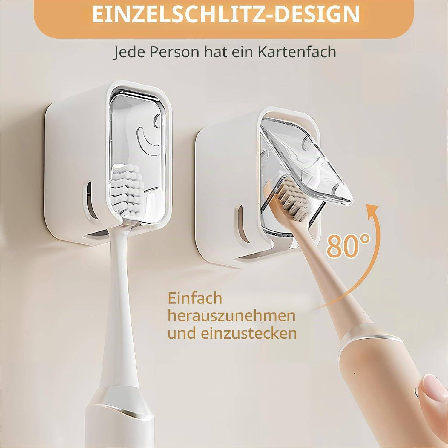 Infografik, die einen wandmontierten Einzel-Bürstenhalter zeigt; eine Bürste lässt sich leicht herausnehmen und einsetzen, mit 80° Öffnung und dem Text „Jede Person hat ein Kartenfach