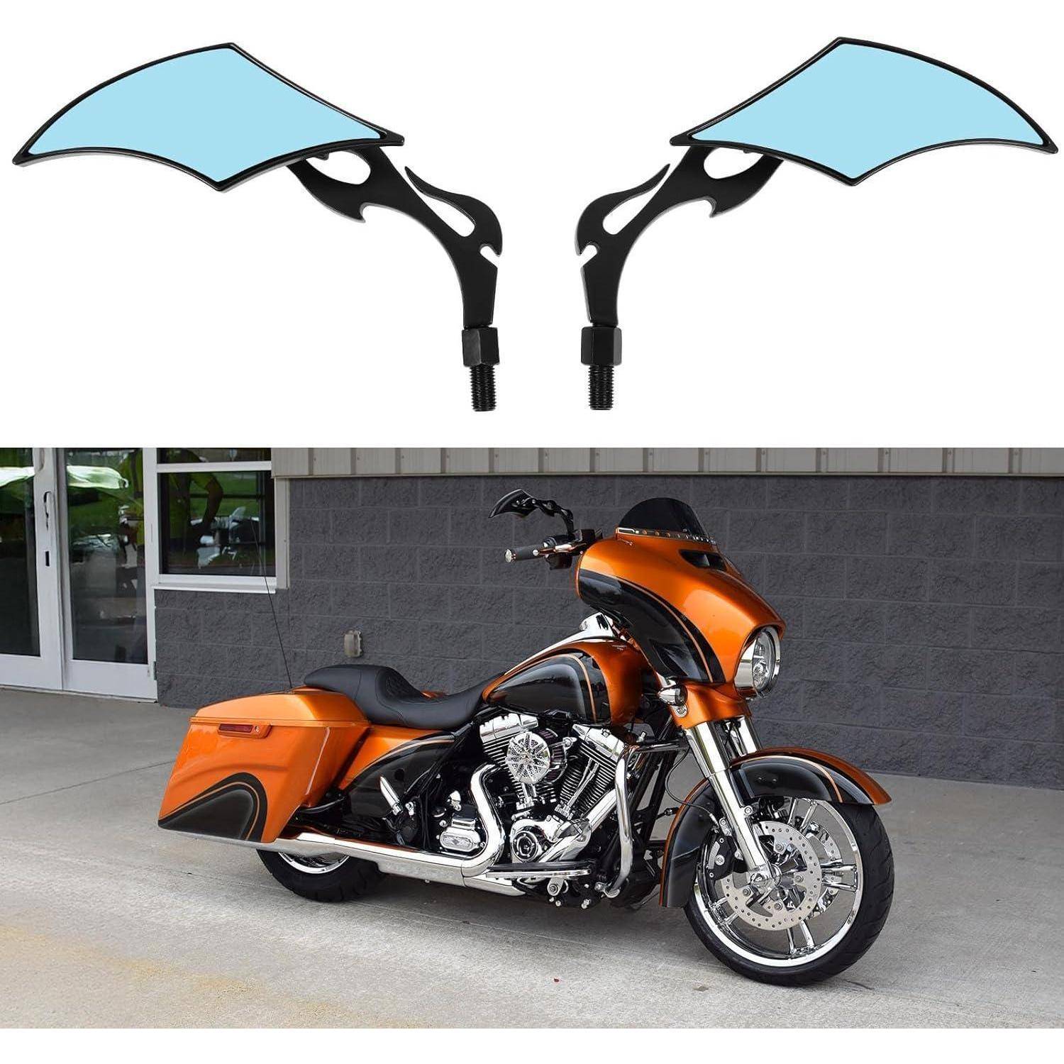 Satz aus zwei hellblauen, maßgefertigten Motorradspiegeln über einem orangefarbigen Motorrad zum Touren mit passender Verkleidung und Satteltaschen.