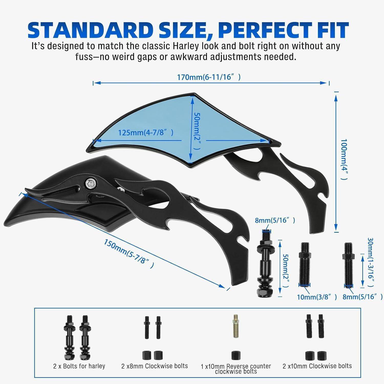 Größenleitfaden für schwarze Motorrad-Verkleidungshalterung: 170 mm breit, 100 mm hoch, 150 mm lang, mit enthaltenen Bolzengrößen und Passform für Harley.