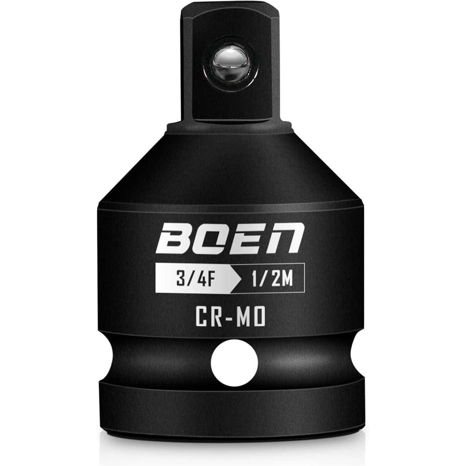 Schwarzer BOEN-Steckeradapter mit Beschriftung „3/4F zu 1/2M