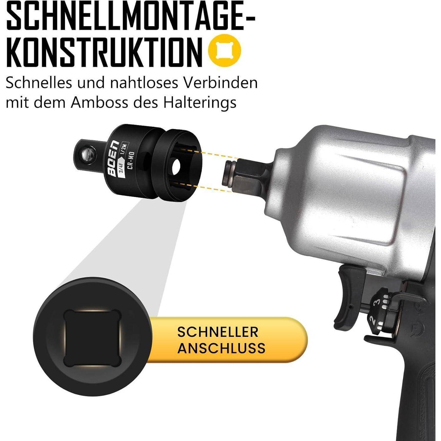 Promotional-Grafik eines kabellosen Schlagschraubers mit einem Schnellwechsel-Stecknuss-Adapter; der deutsche Text sagt „Schnellmontage-Konstruktion