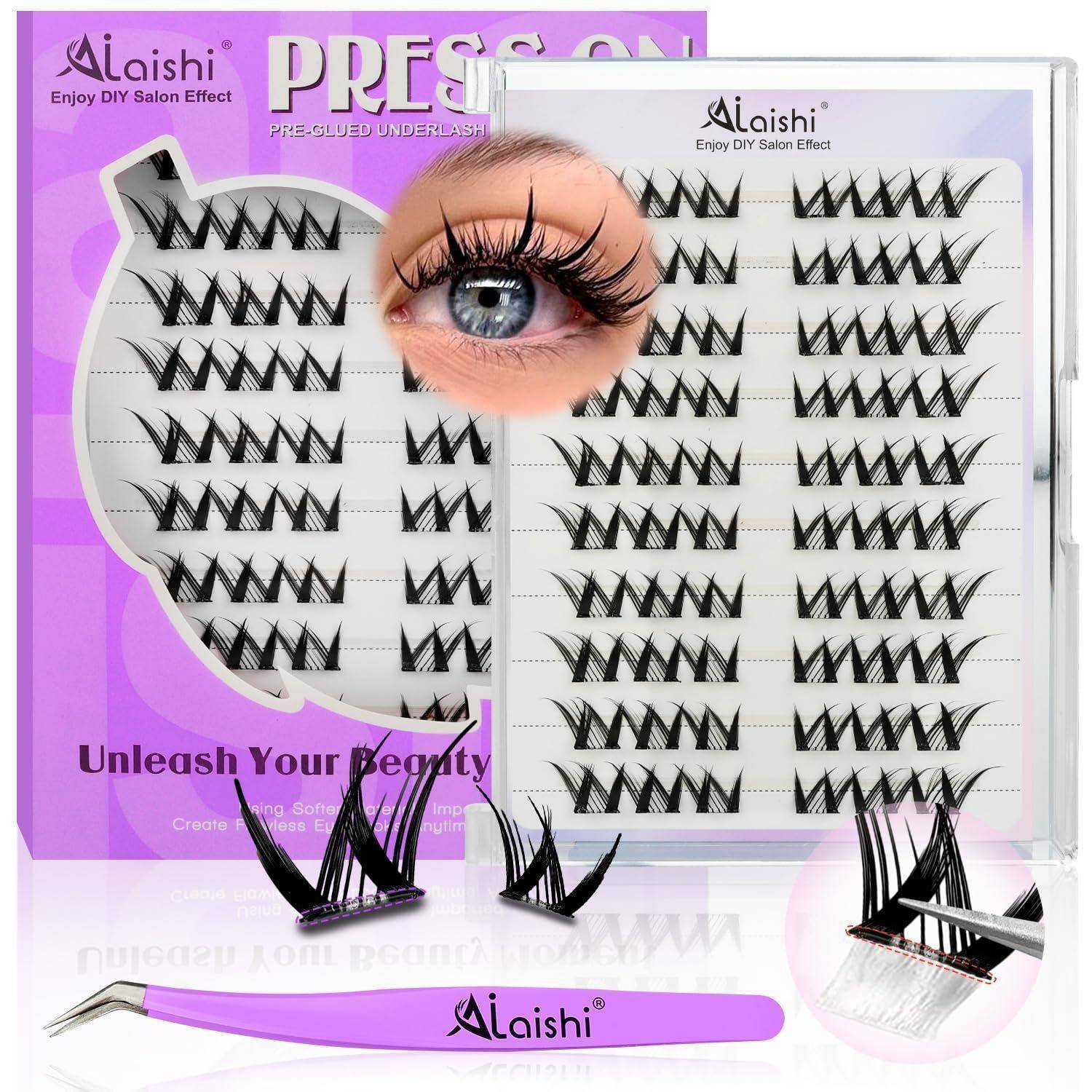 Alaishi vorverklebtes Unterlidwimpern-Set mit mehreren Wimpernbüscheln, Pinzette und Nahaufnahme des Auges mit angebrachten Wimpern; violette Verpackung mit der Aufschrift „PRESS ON