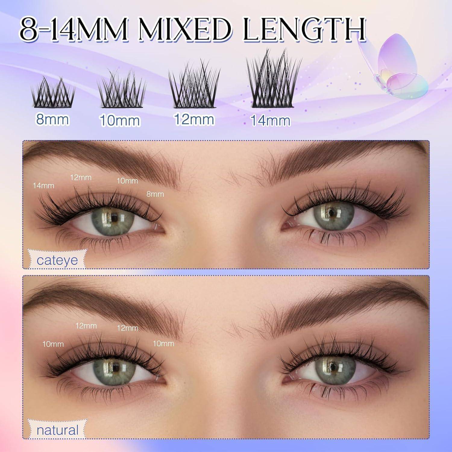 Werbe-Grafik zum Vergleich von 8-14mm gemischten Wimpernverlängerungen mit unterschiedlichen Längen, zeigt Wimperngrößen und Nahaufnahmen der Augen mit den Beschriftungen „Katzenauge