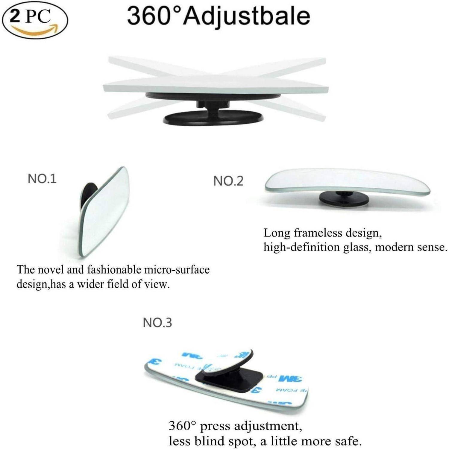 Produktbild von zwei um 360° verstellbaren rahmenlose Glasspiegel, zeigt Seitenansicht, längliches Design und Druckverstellungsbasis.