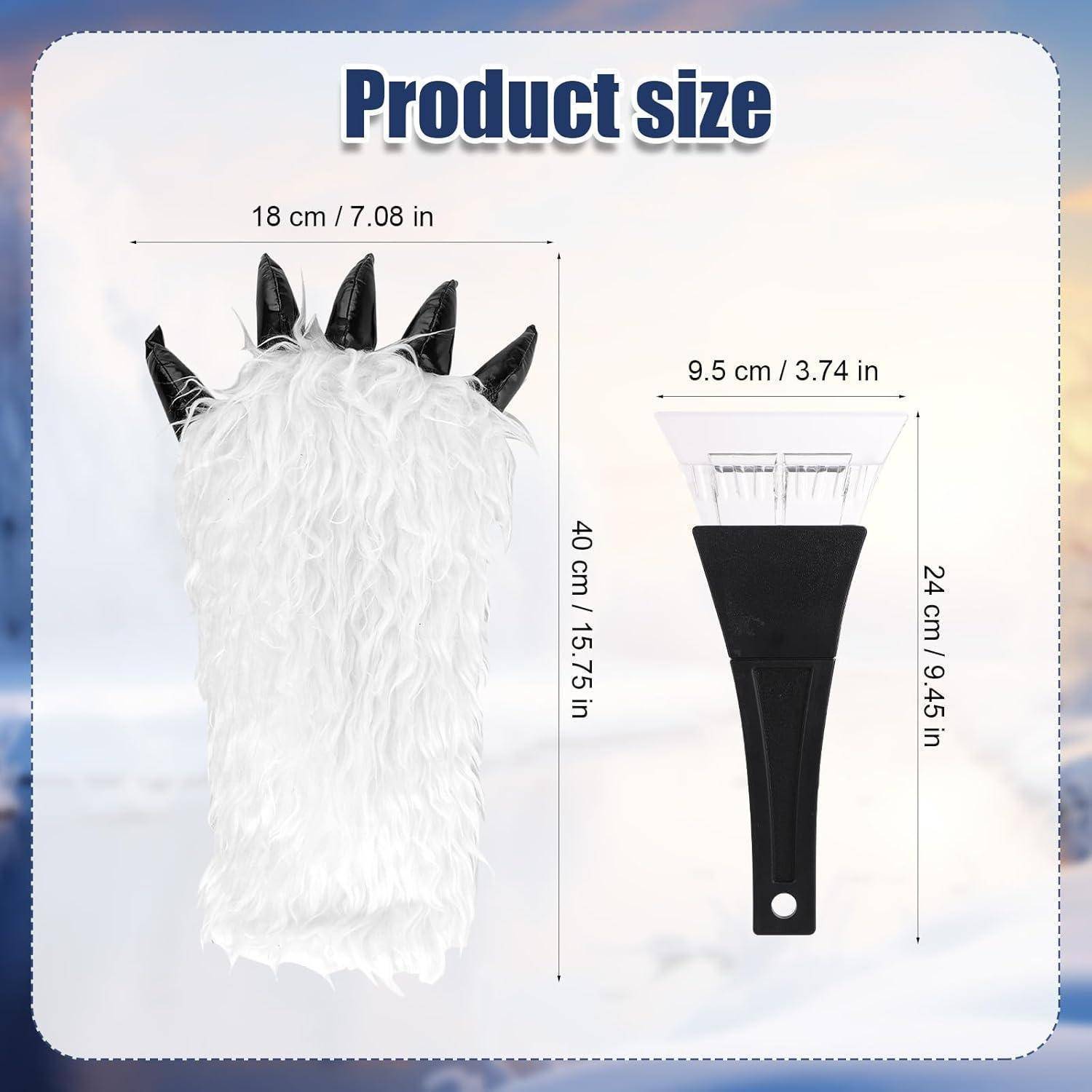 Produktgrößendiagramm zeigt eine flauschige schwarz-weiße Bürste, 18 cm breit und 40 cm hoch, sowie eine Nahaufnahme des Griffs, 9,5 cm breit und 24 cm hoch.