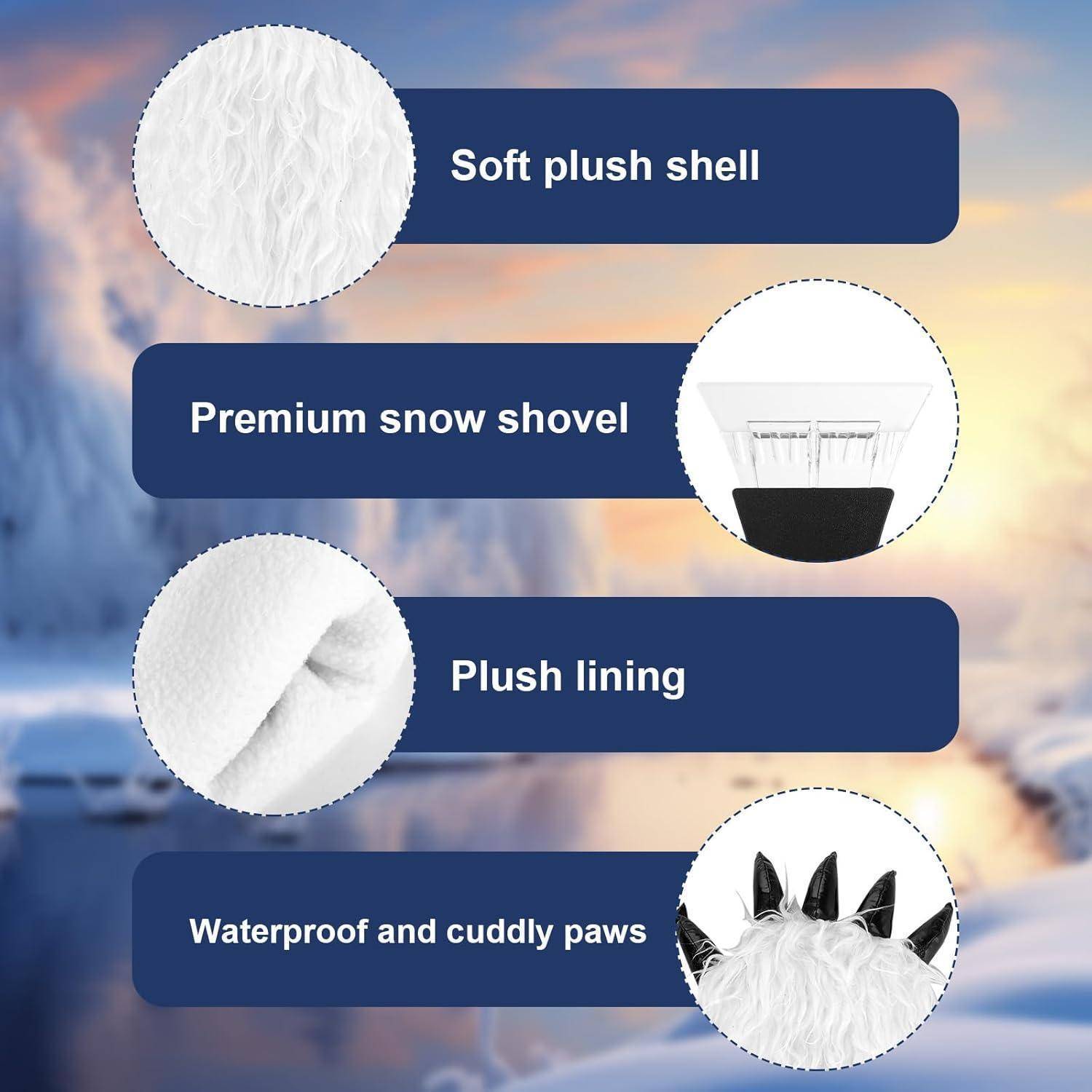 Infografik eines Schneestiefels mit Merkmalen: weiches Plüschobermaterial, hochwertige Schneeschaufel, Plüschfutter und wasserdichte Pfotengriffte.