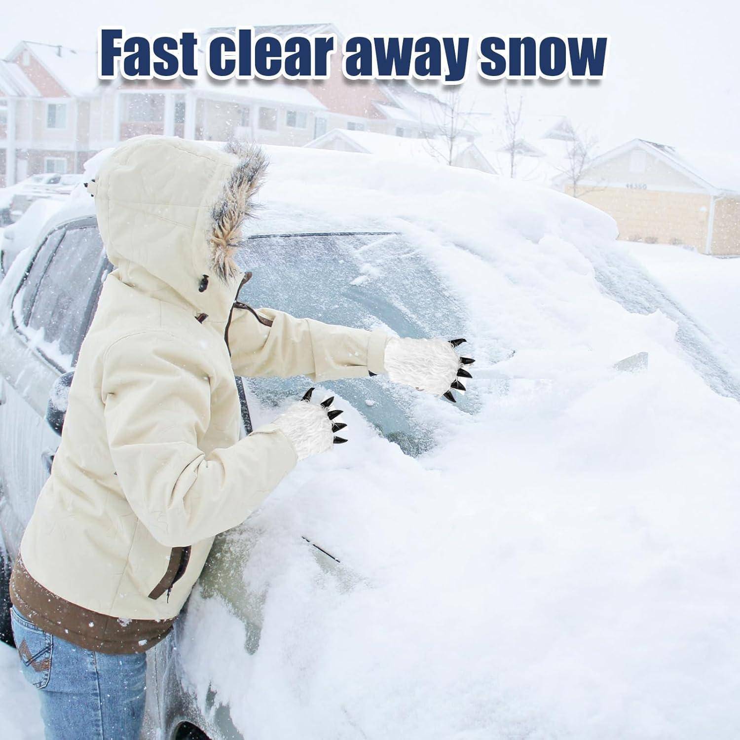 Person in einem Wintermantel, der schweren Schnee von einer Autoscheibe räumt, mit dem Text 