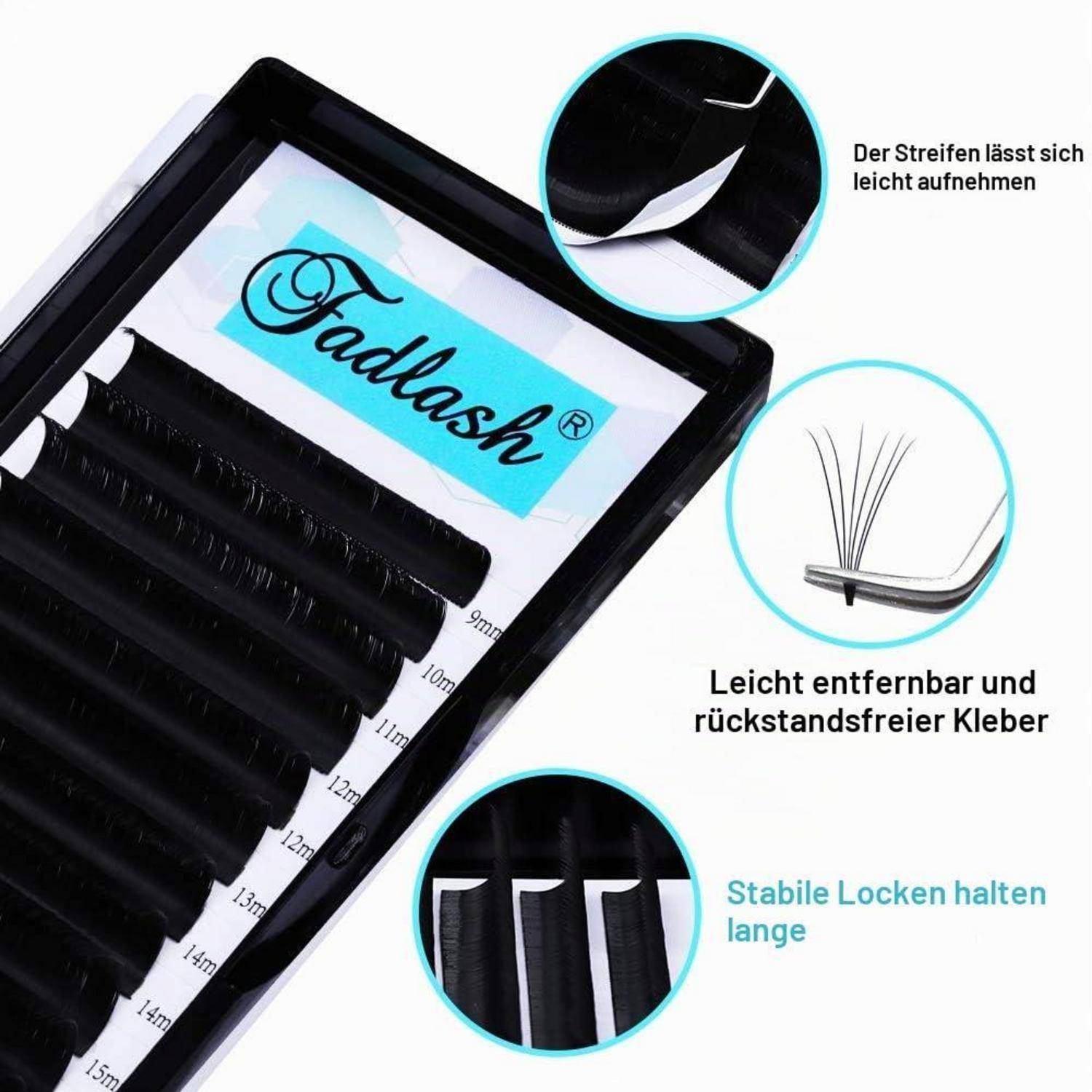 Packung für künstliche Wimpern mit schwarzen Wimpernsträhnen und deutschen Beschriftungen, die einfaches Entfernen, rückstandsfreien Kleber und langanhaltende Lockenbiegung zeigen.