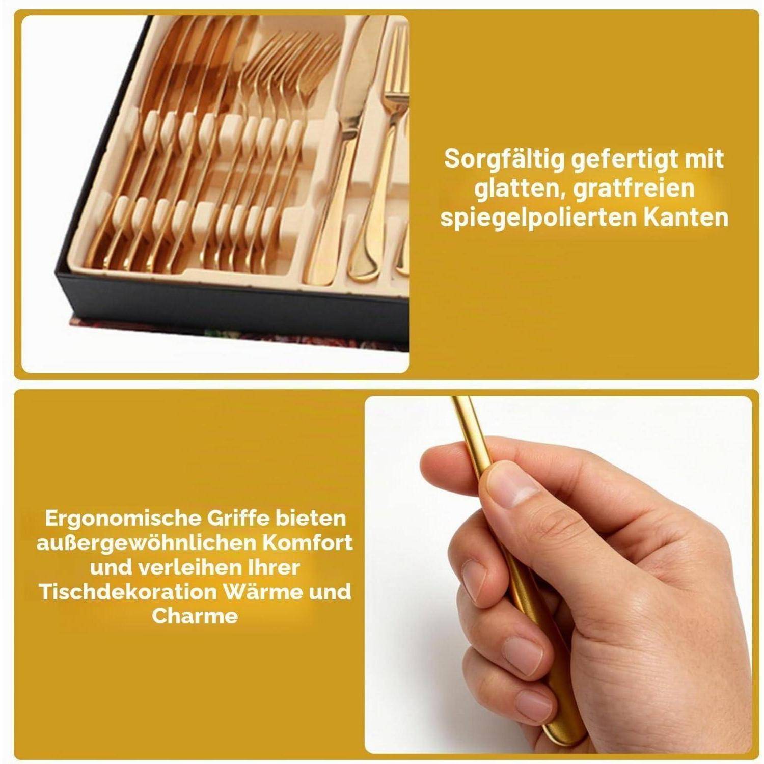 Werbegrafik für ein Goldbesteck-Set, das einen silbergefütterten Koffer mit Löffeln und eine Hand zeigt, die einen Goldgriff hält. Deutscher Text hebt polierte Kanten und ergonomischen Komfort hervor.
