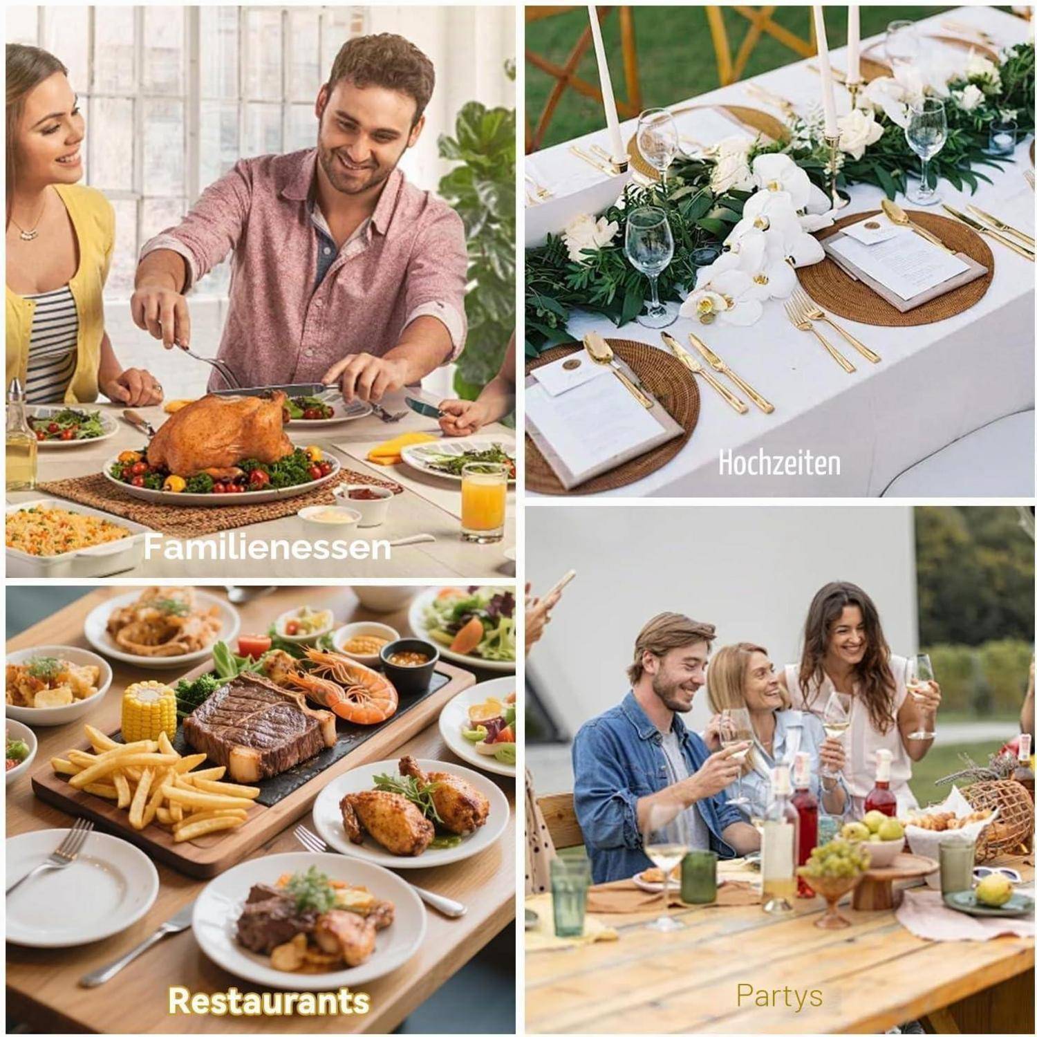 Collage von Essgelegenheiten: Familienessen, Hochzeitstischdekoration, Restaurantmahlzeit und Gartenparty-Versammlung.