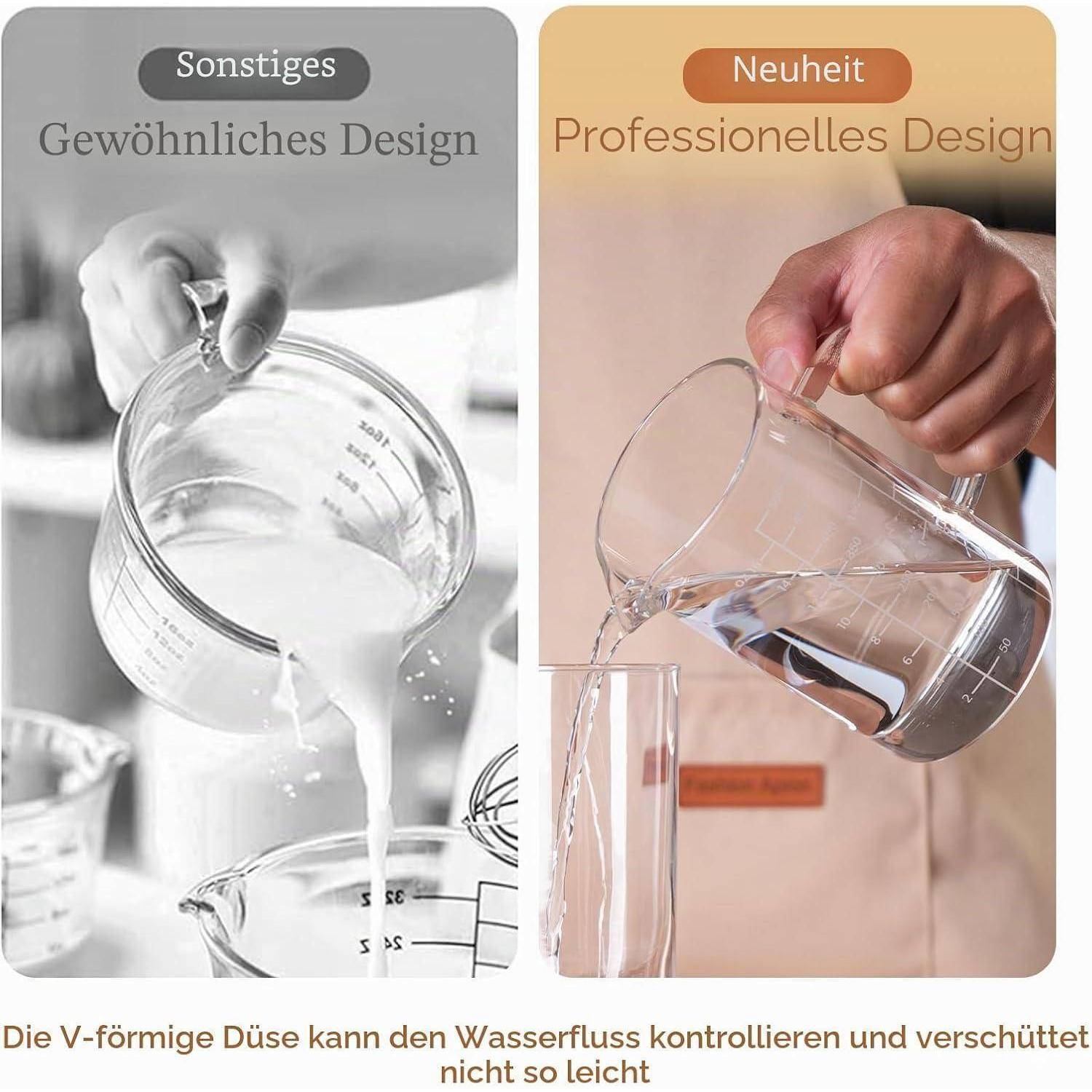 Nebeneinandervergleich von Ausgießkannen: 'Gewöhnliches Design' versus 'Professionelles Design'; zeigt, wie die V-förmige Ausgusstülle den Wasserstrom kontrolliert und Verschüttungen reduziert.